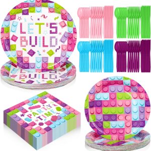 Gejoy 96 piezas de suministros para fiesta de cumpleaños de bloques de construcción, incluye platos de fiesta de ladrillo de 7 pulgadas y 9 Gejoy 96 piezas de suministros para fiesta de cumpleaños de bloques de construcción, incluye platos de fiesta de ladrillo de 7 pulgadas y 9