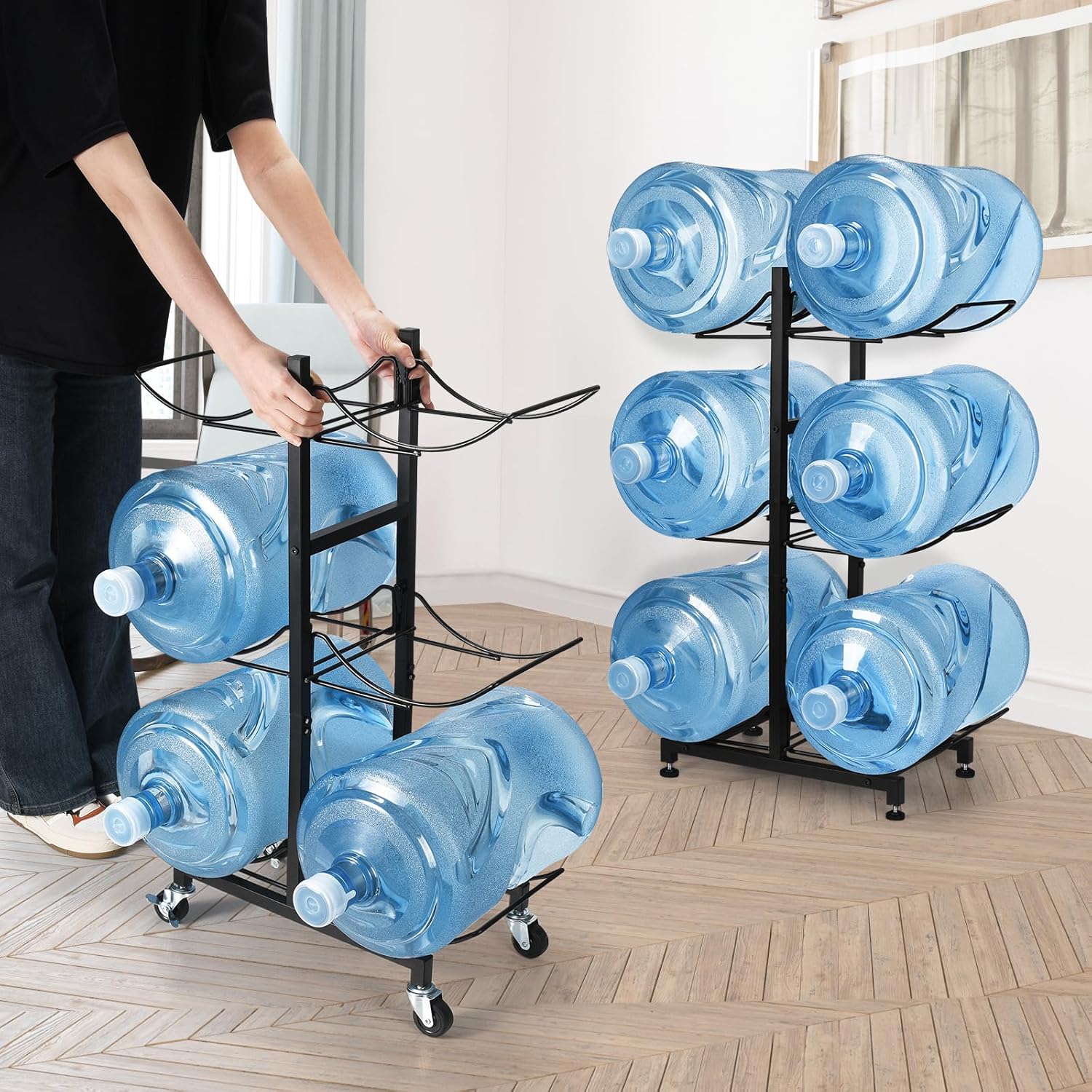 Soporte para botella de agua de 5 galones con 4 ruedas, soporte plegable resistente para jarra de agua de 3 niveles, soporte para jarra de agua de 5