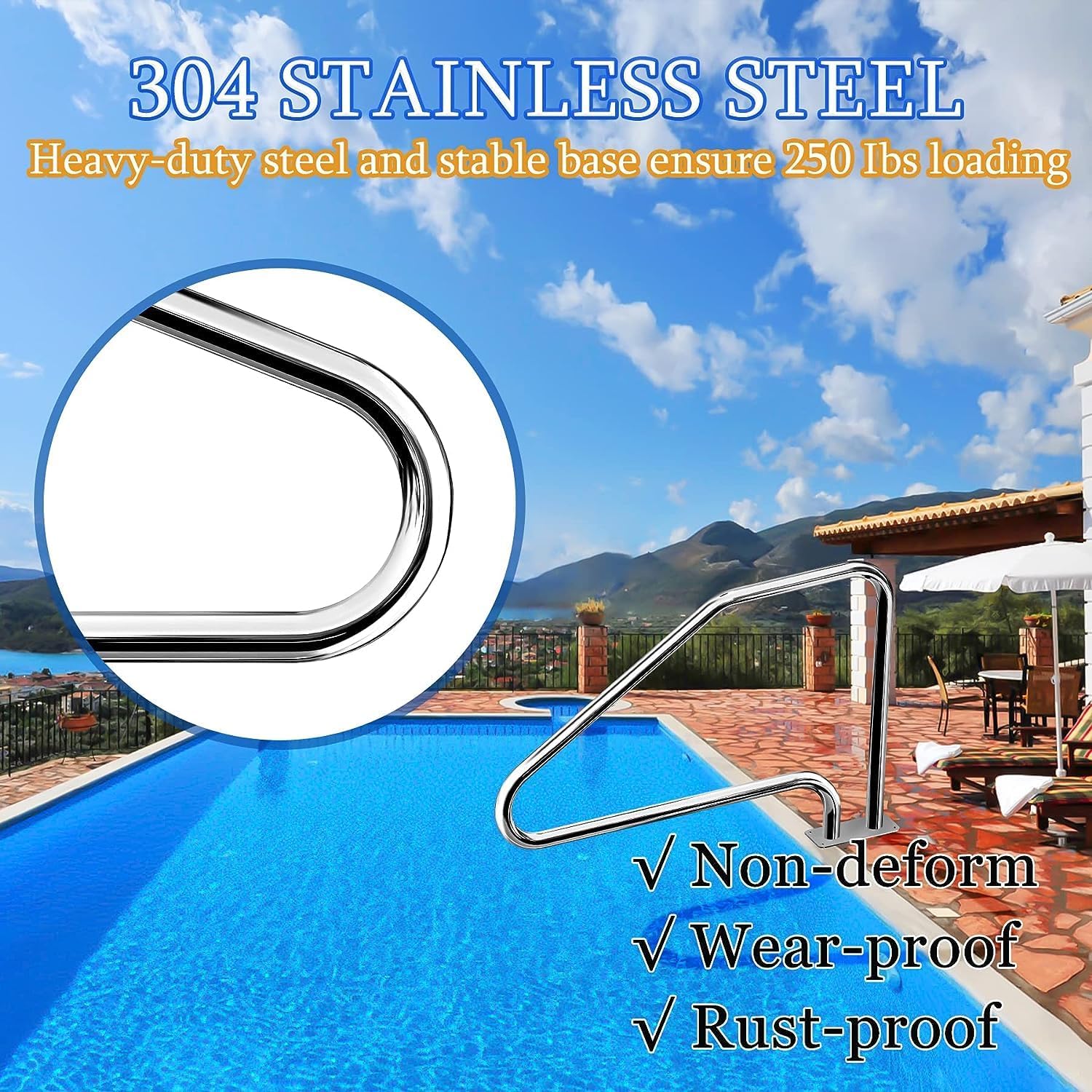 Barandilla para piscina, barandilla de acero inoxidable para piscina, capacidad de carga de 300 libras, rieles de piscina enterrados con cubierta de