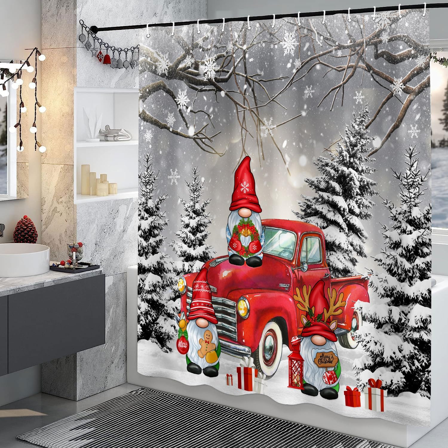 Cortina de ducha de Navidad de granja, camión de Navidad rojo granja, árbol de Navidad, lindo gnomo, bosque de invierno, decoración de baño, tela