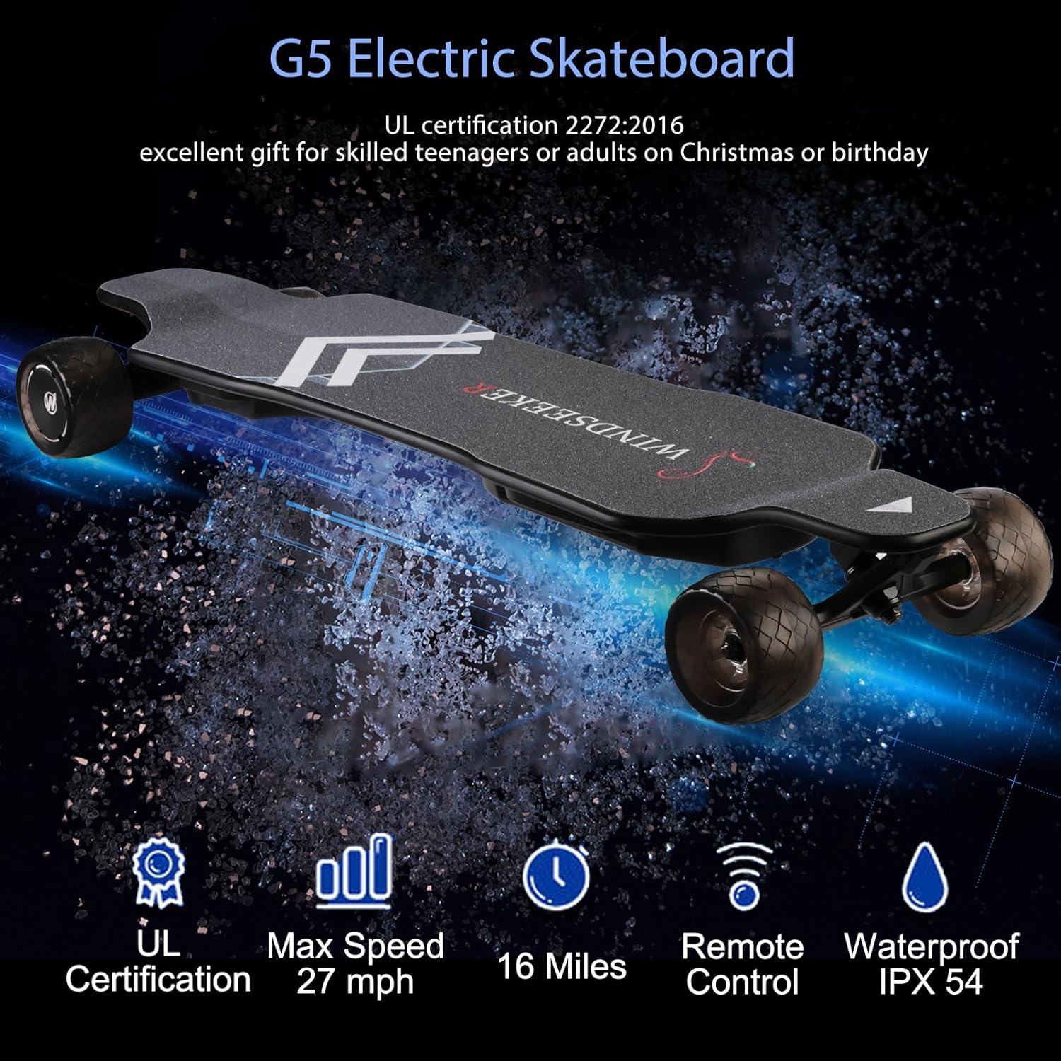 Monopatín eléctrico con control remoto LCD, V5 y G5 y longboard eléctrico todoterreno con luz para adultos, motor dual de 1650 W, 27 MPH y rango de