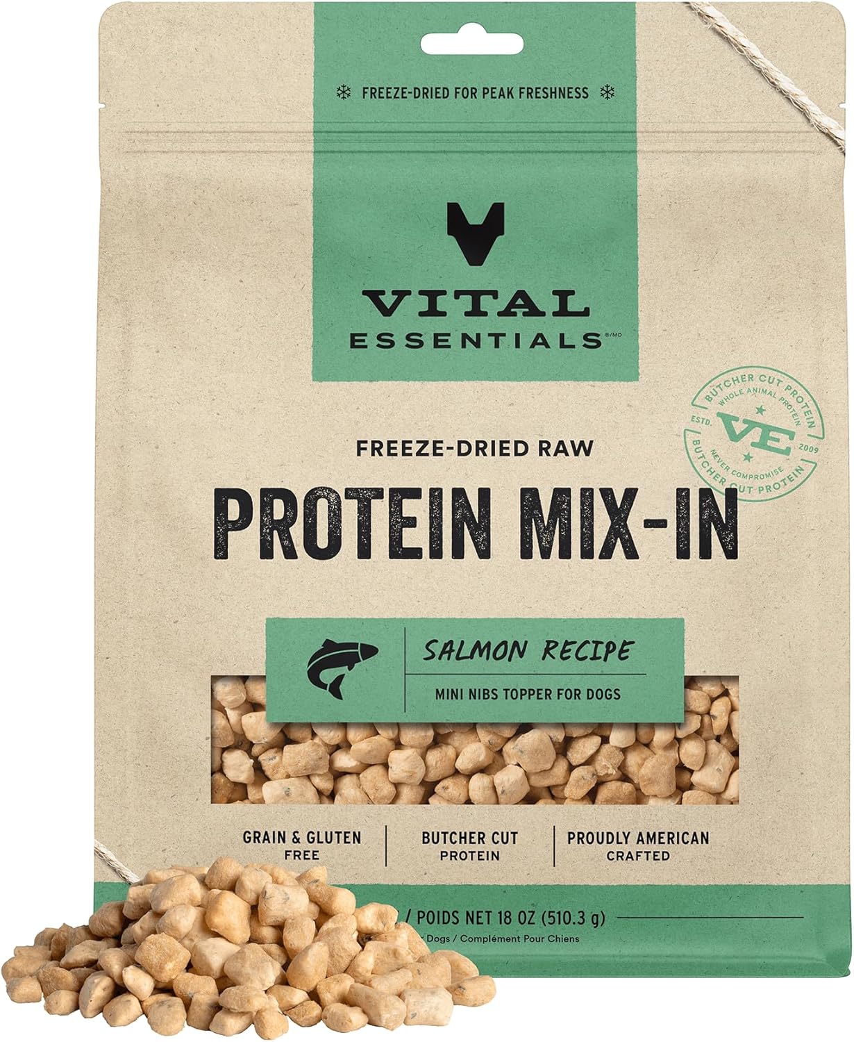 Vital Essentials Mezcla de proteínas crudas liofilizadas para perros, mini puntas de salmón para perros, 18 onzas