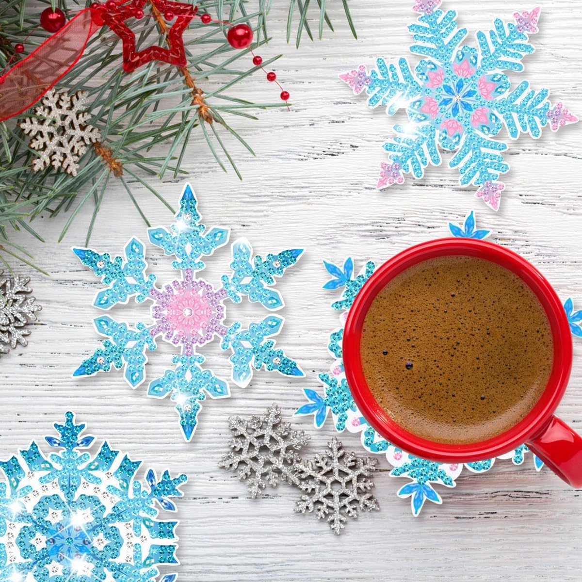8 posavasos de pintura de diamantes de copo de nieve con soporte, posavasos de arte de diamantes de copo de nieve congelado, posavasos redondos de