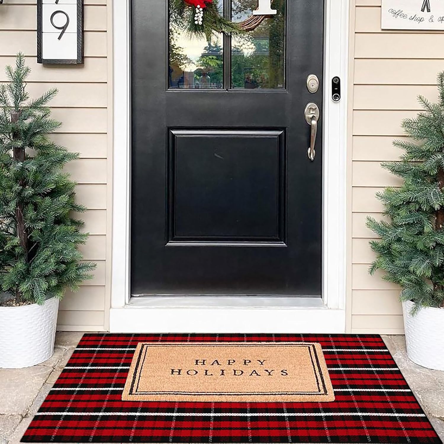 Alfombra de Navidad a cuadros para exteriores, 27.5 x 43 pulgadas, rojo y negro, alfombra de área para interiores y exteriores, alfombra de capas
