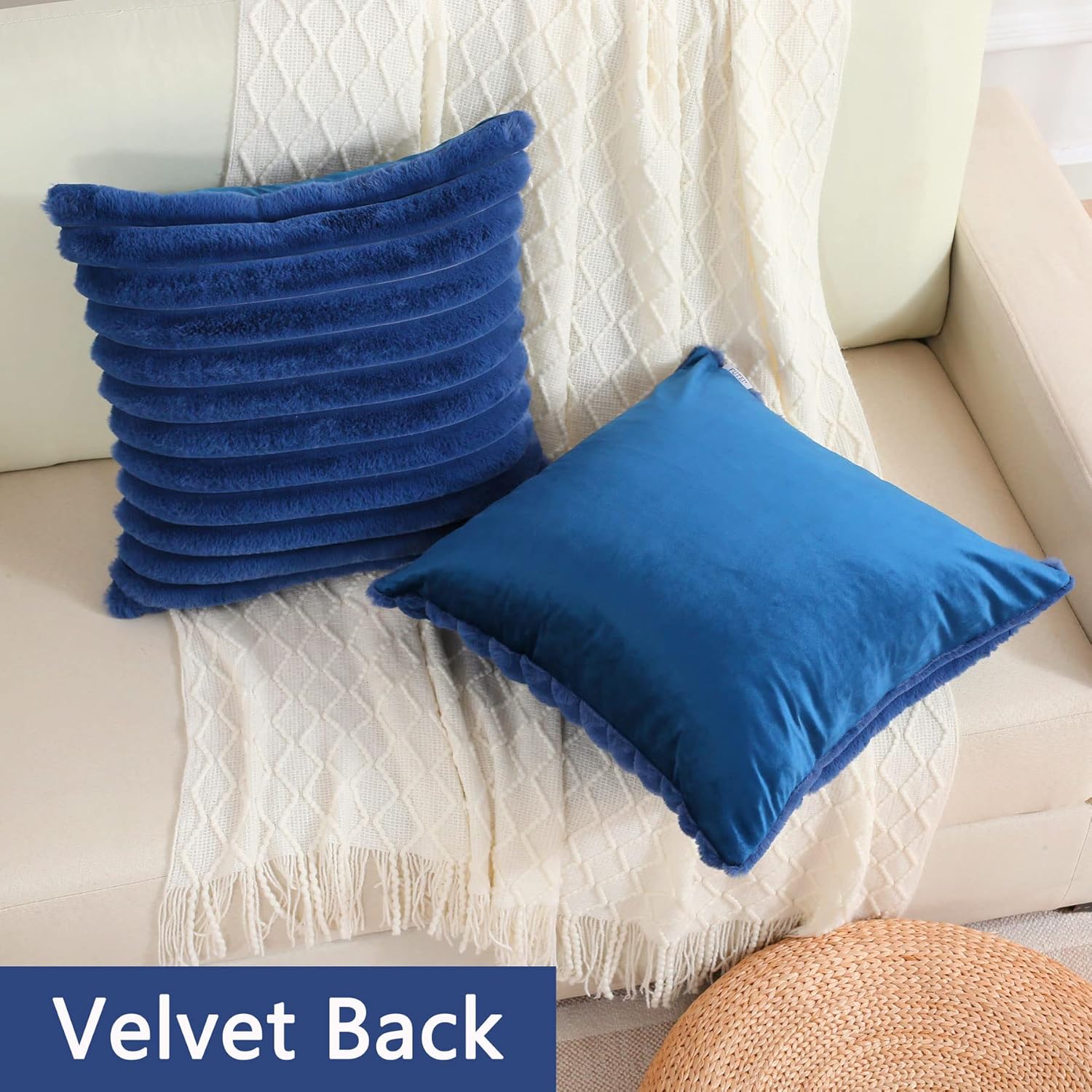 FUTEI – Juego de 2 fundas de almohada decorativas con rayas de color azul marino, 26 x 26 pulgadas, cuadradas y primaverales, piel sintética de