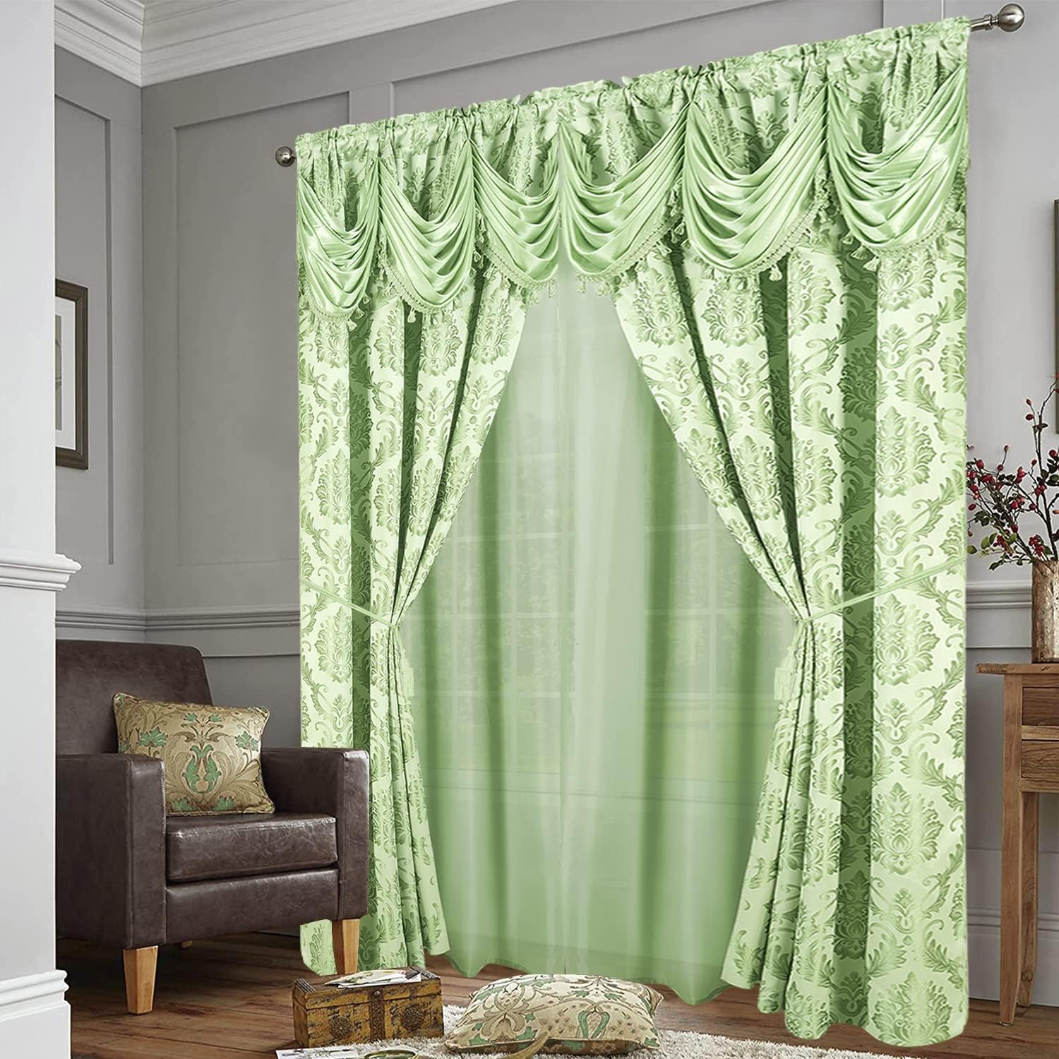 Juego de 2 paneles de cortinas de jacquard de lujo para ventana, con cenefa adjunta y dos alzapaños, 108 x 84 pulgadas de largo, diseño elegante