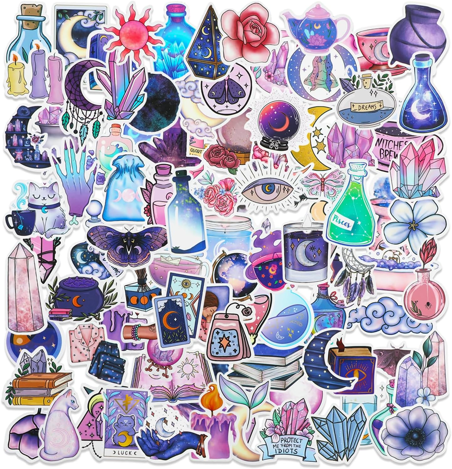 100 calcomanías mágicas de luna de medianoche para botellas de agua, paquetes de calcomanías de bruja morada para adolescentes, calcomanías de