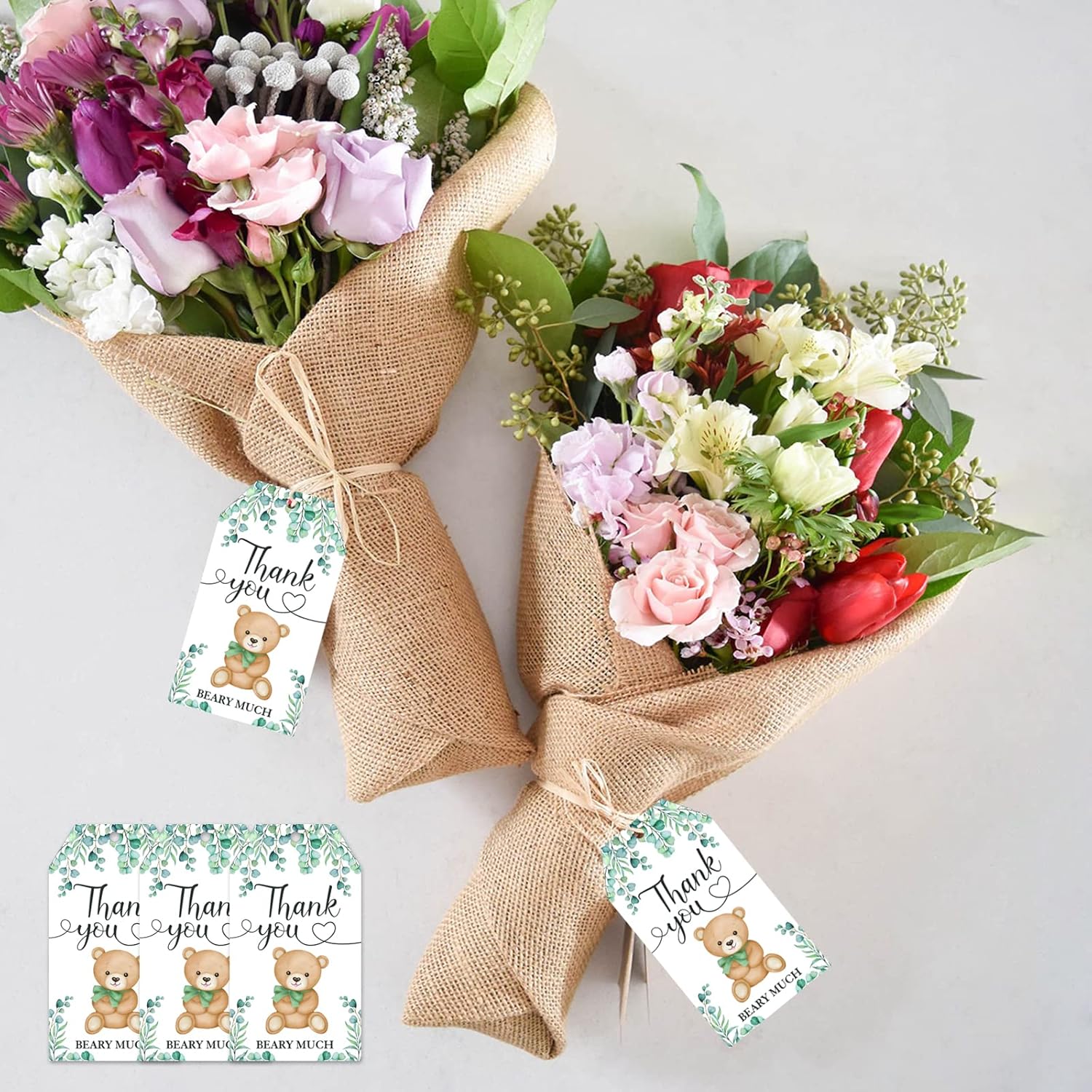 Etiquetas de agradecimiento con texto en inglés “Bear Thank You”, 50 etiquetas de regalo verdes con cuerda para baby shower, etiquetas de regalo de