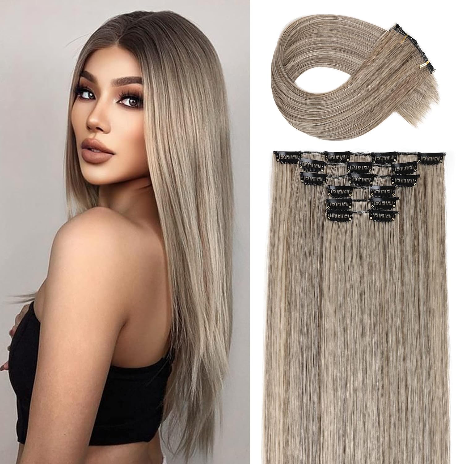 YOGFIT Extensiones de cabello sintético largo y liso con clip, de 24 pulgadas, 6 unidades, balayage, marrón ceniza con rubio blanco, extensiones