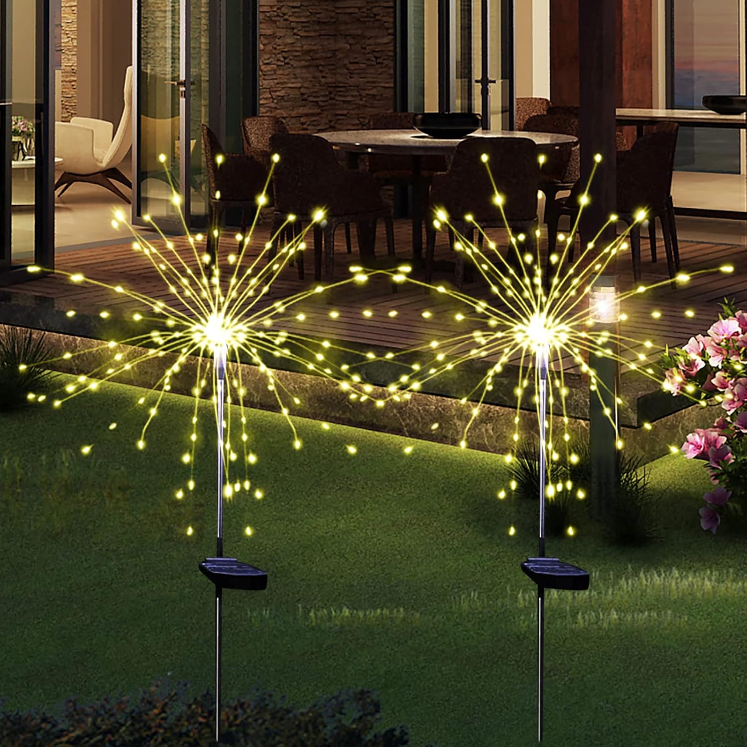 Luces solares de fuegos artificiales para jardín, impermeables, paquete de 2 unidades, energía solar, estaca de arte, iluminación parpadeante para