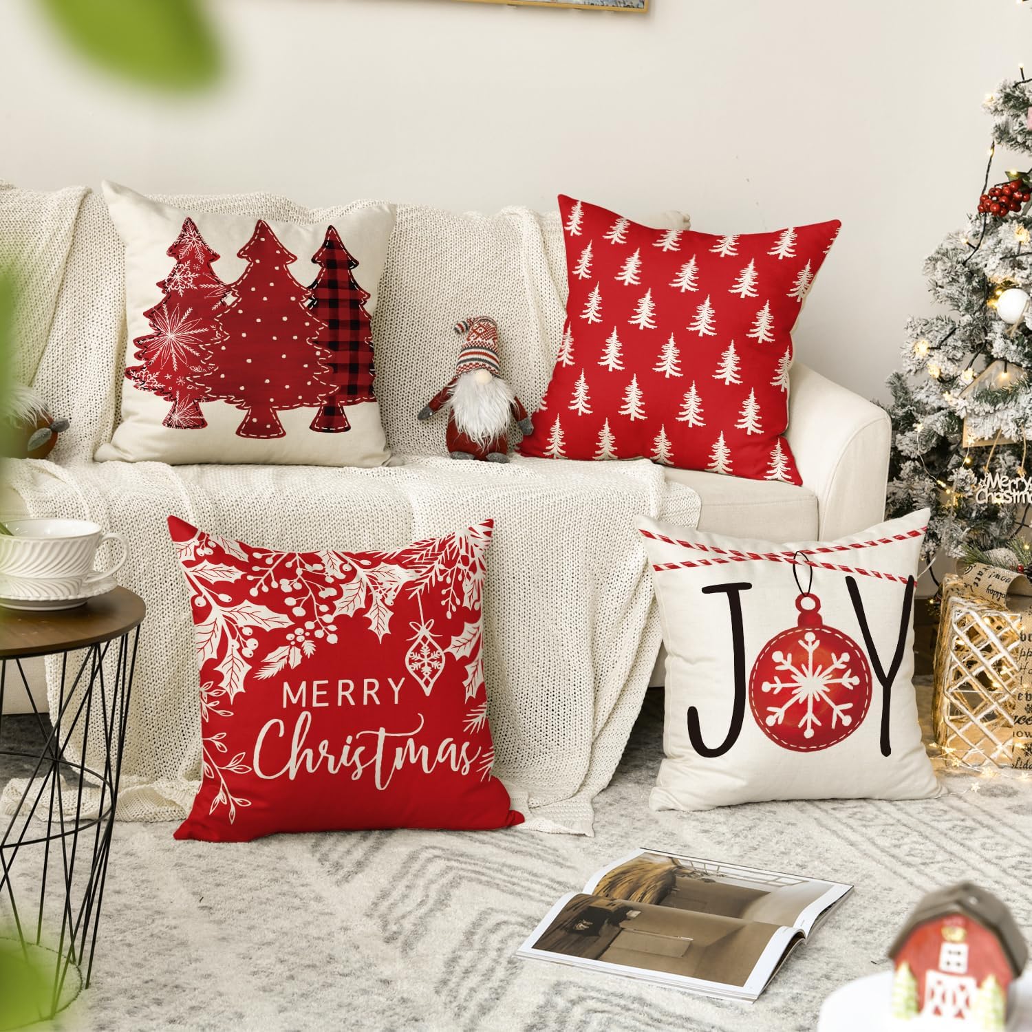 AVOIN colorlife Juego de 4 fundas de almohada rojas con árboles de Navidad, 18 x 18 pulgadas, decoración de Navidad y vacaciones de invierno para