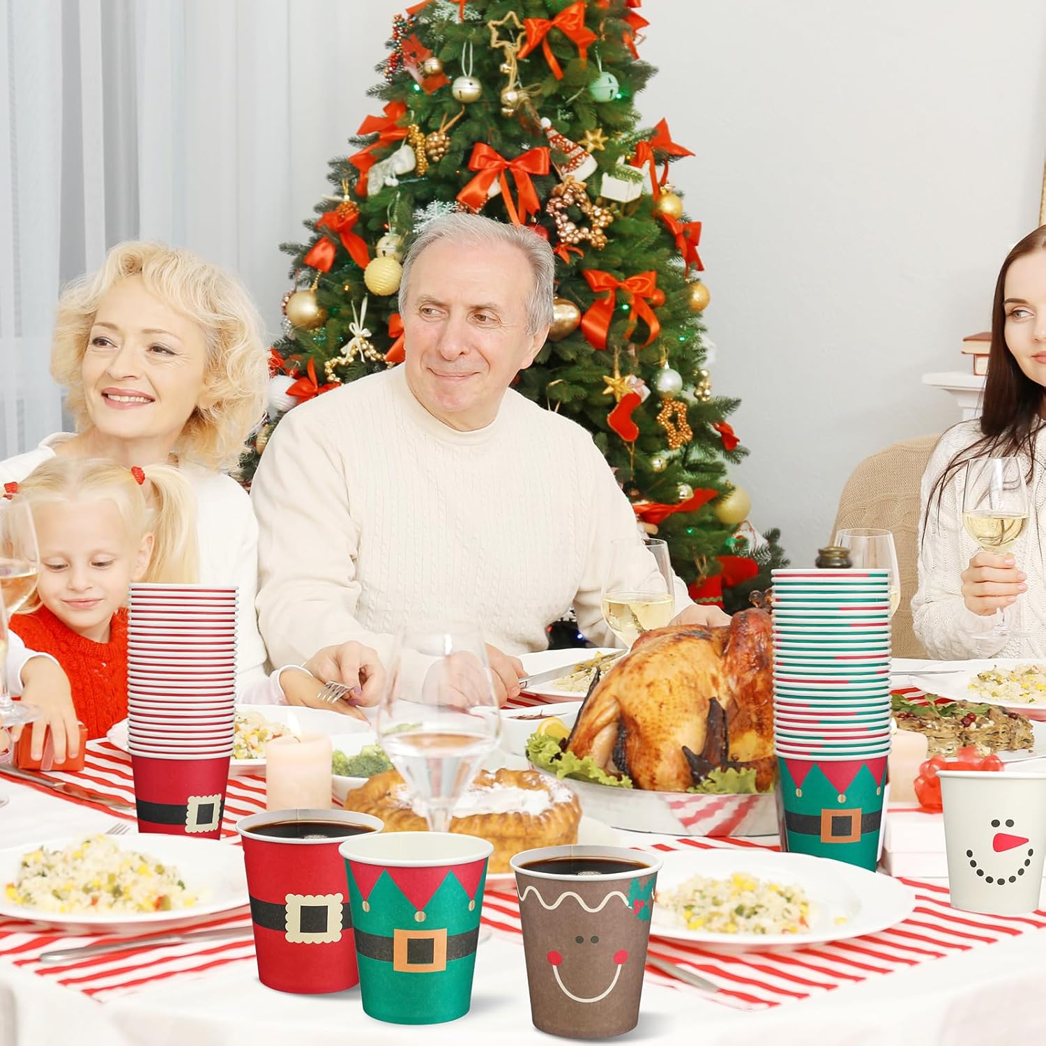 160 vasos de papel de Navidad desechables para fiestas de Navidad, 9 onzas, Papá Noel, elfo, muñeco de nieve, tazas de Navidad, tazas de papel para