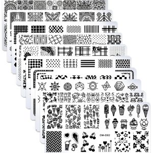SILPECWEE 10 Uds. de placas de estampado de uñas, sello de uñas, placas de arte de uñas, diseño geométrico, plantillas de manicura, accesorios de SILPECWEE 10 Uds. de placas de estampado de uñas, sello de uñas, placas de arte de uñas, diseño geométrico, plantillas de manicura, accesorios de