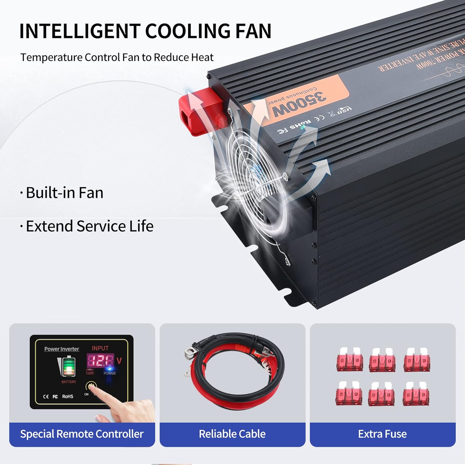 Inversor de corriente, inversor de onda sinusoidal pura de 3500 W, CC 12 V a CA, 120 V, inversor de automóvil con pantalla digital LCD, control