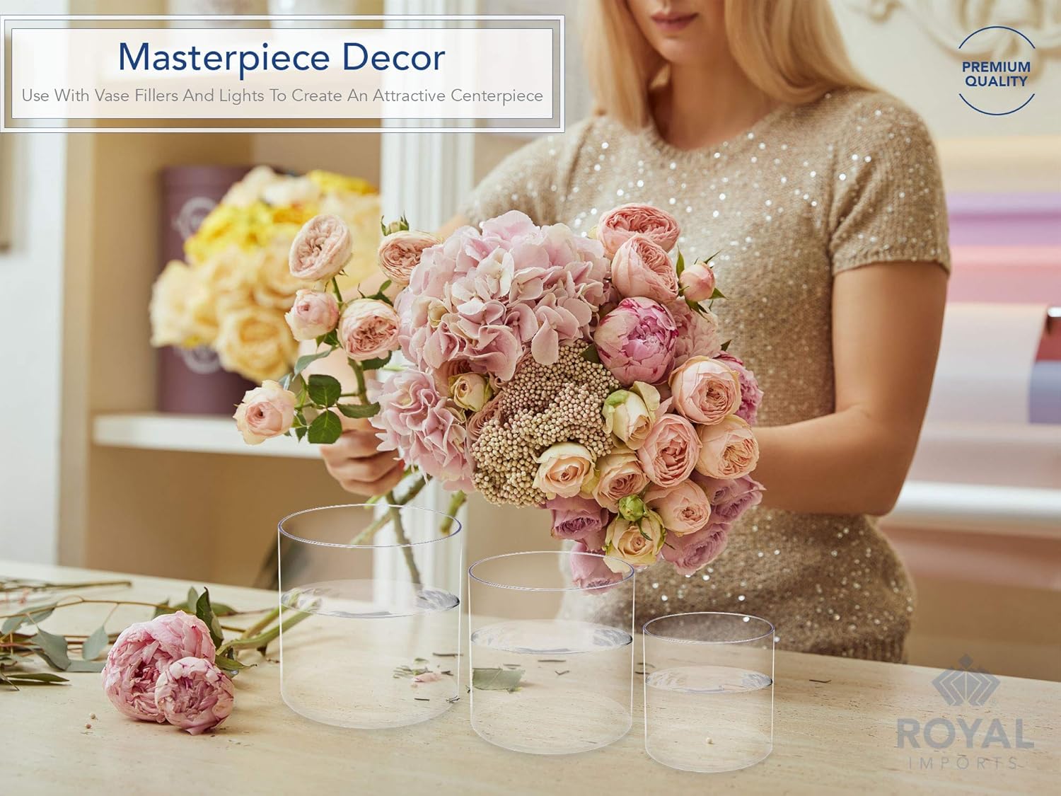 Royal Imports Cilindros de jarrones acrílicos de flores, centro de mesa decorativo para el hogar o boda, plástico irrompible, 1 juego de 3 tamaños
