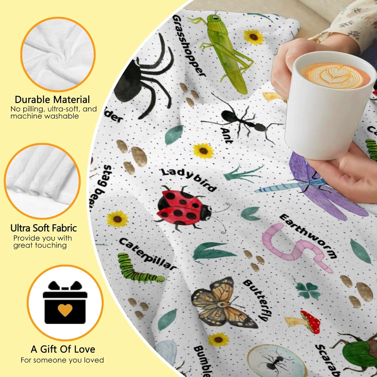 Manta de insectos de insectos, regalos para amantes de los insectos para niños y niñas, manta acogedora de escarabajos ultra afelpada para