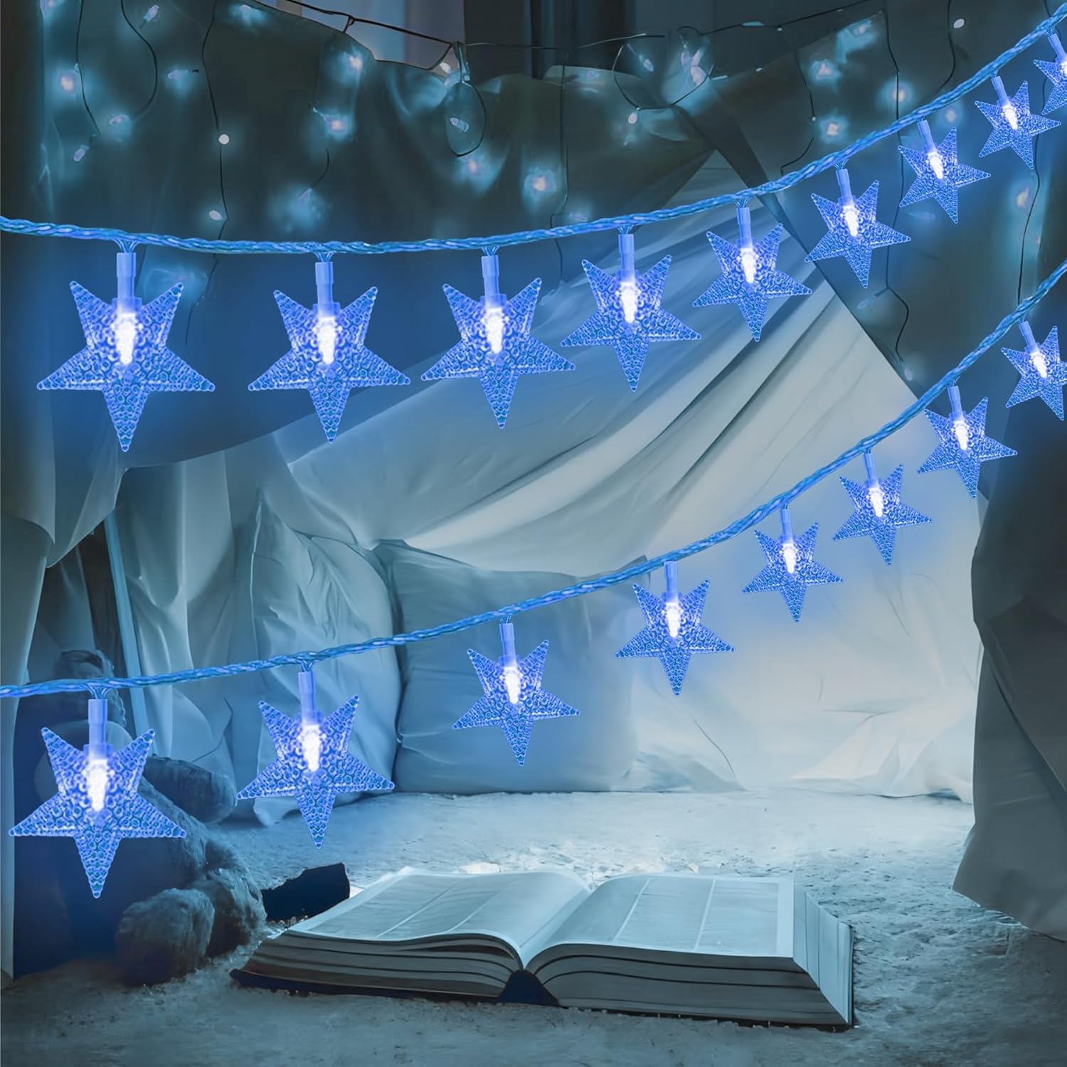 Guirnalda de luces de estrella de 15 pies, 30 luces LED, funciona con pilas, para interiores y exteriores, luces de Navidad parpadeantes, decoración