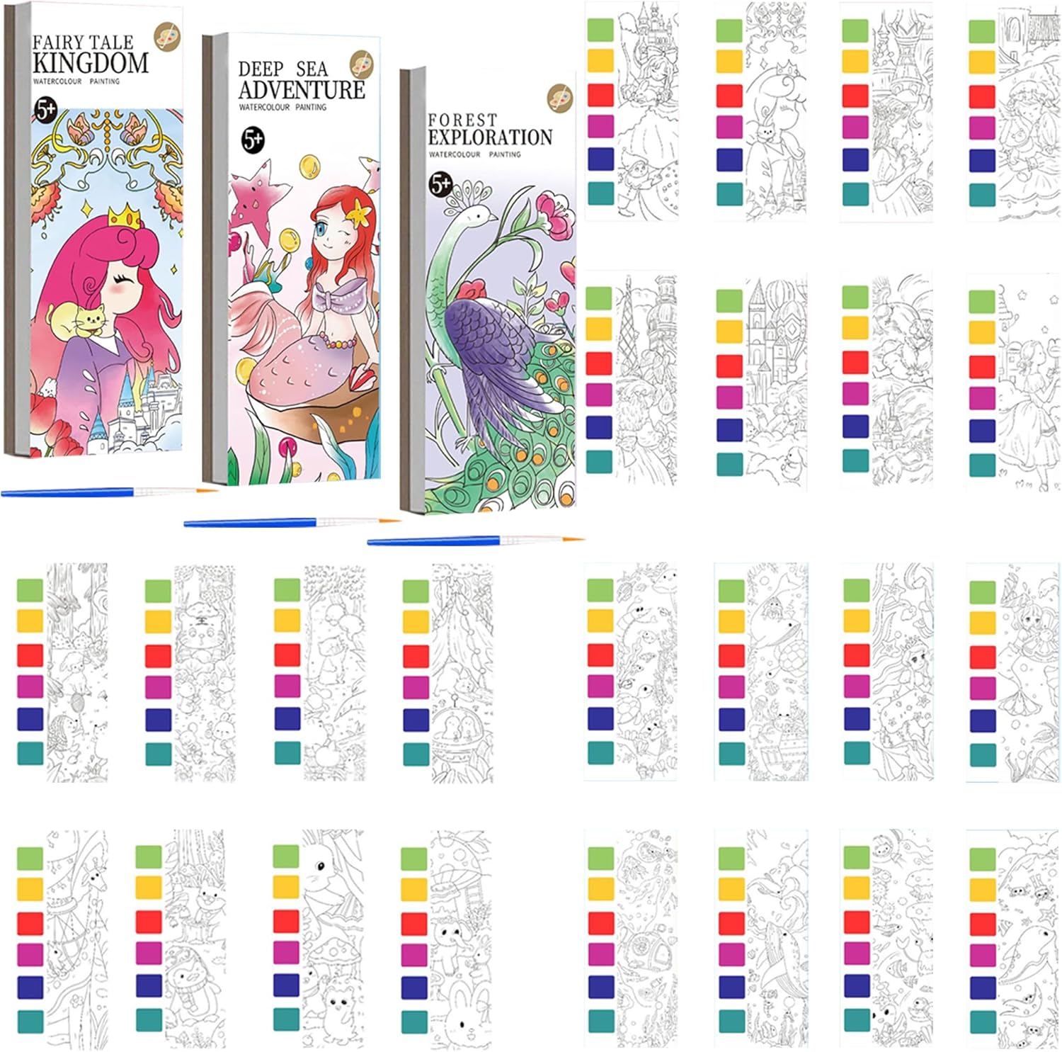 Juego de 3 libros de pintura de acuarela de bolsillo, libro de pintura de acuarela para niños, juego de libros de acuarela de viaje de bolsillo con