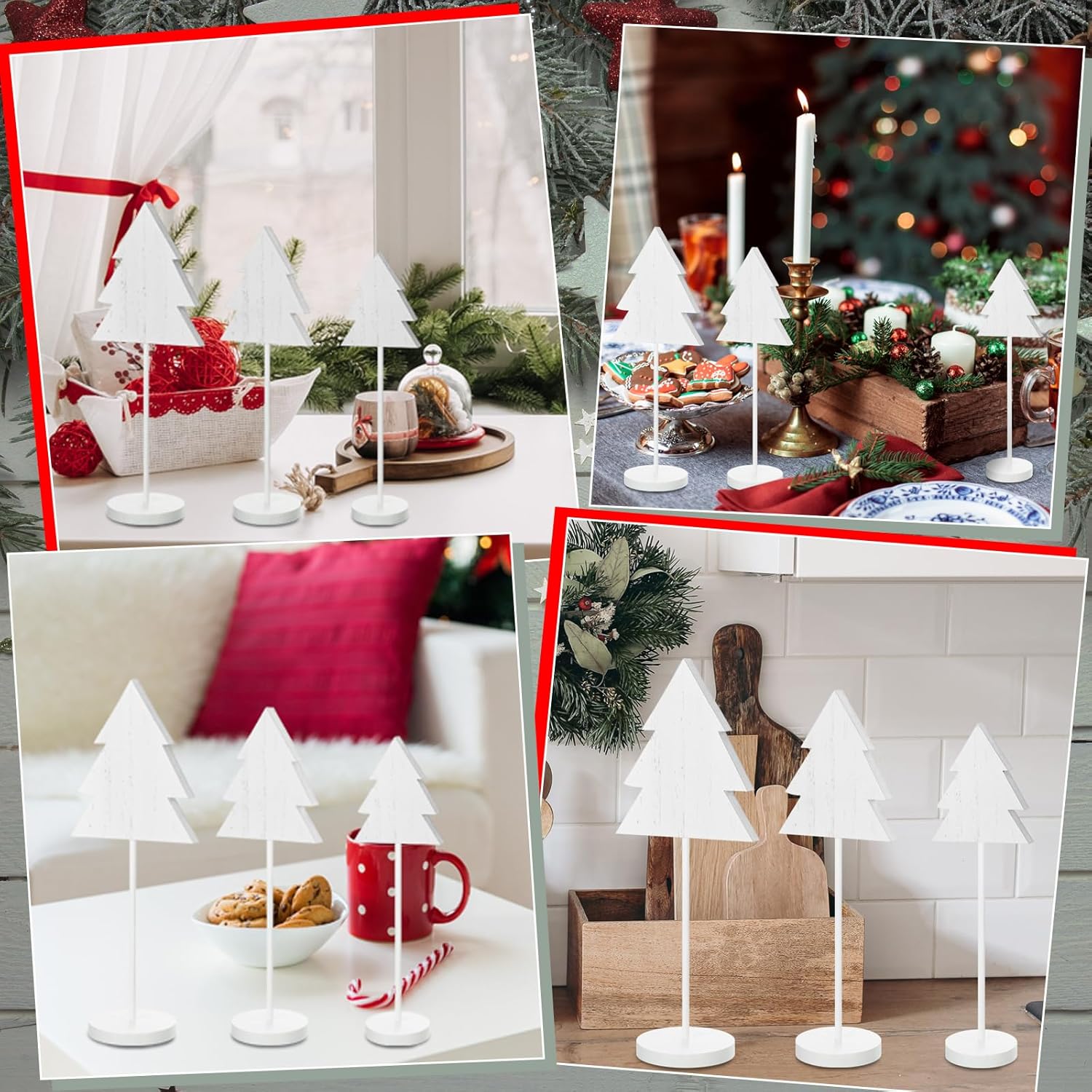 3 piezas de decoración de mesa de Navidad de pie alto blanco madera árbol de Navidad letreros de mesa de madera de Navidad decoración rústica centro