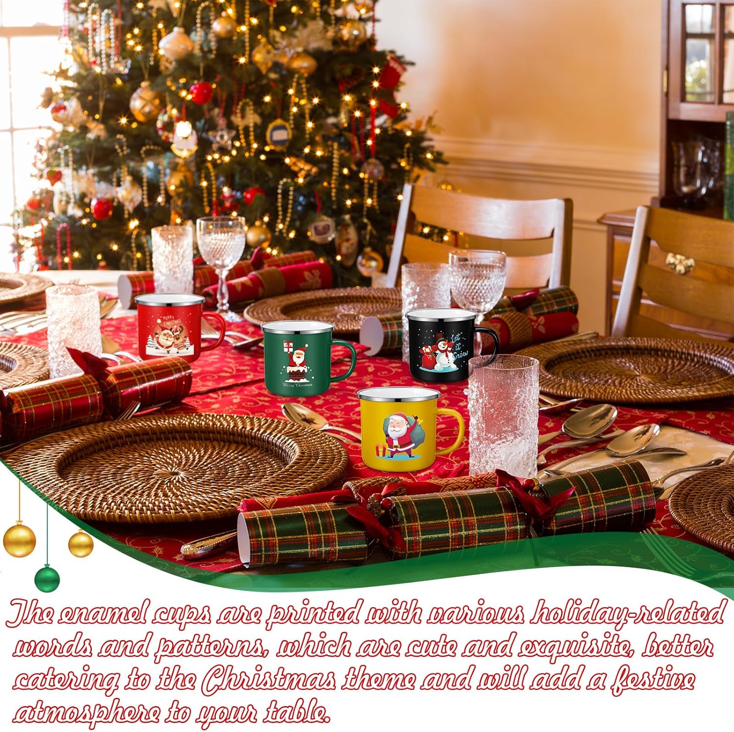 Zhehao 6 tazas de café de Navidad esmaltadas de 12 onzas de Navidad con diseño de feliz Navidad, tazas de café de Navidad para Navidad, café, té,