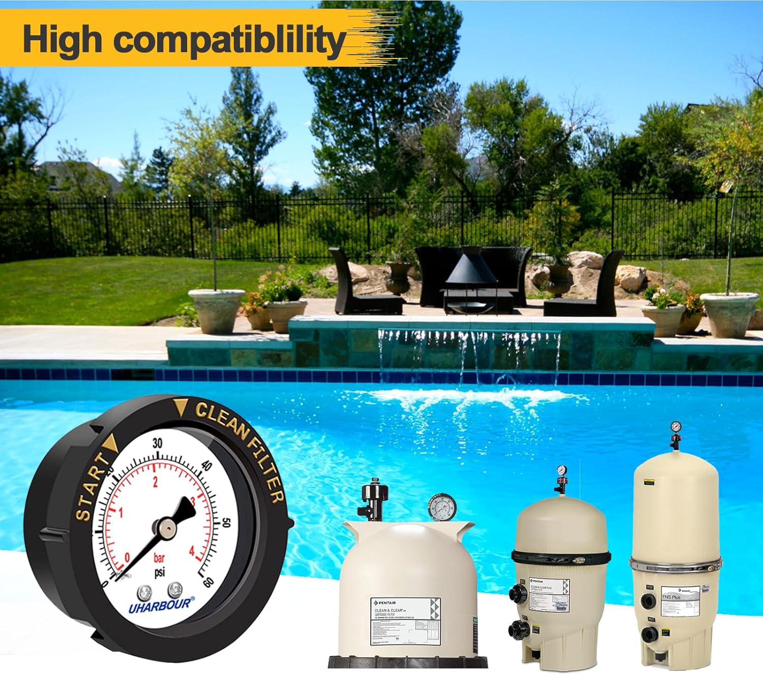 Medidor de presión de piscina de 60 psi, montaje trasero NPT de 14 pulgadas, medidor de presión de filtro de piscina de 2 pulgadas con bisel