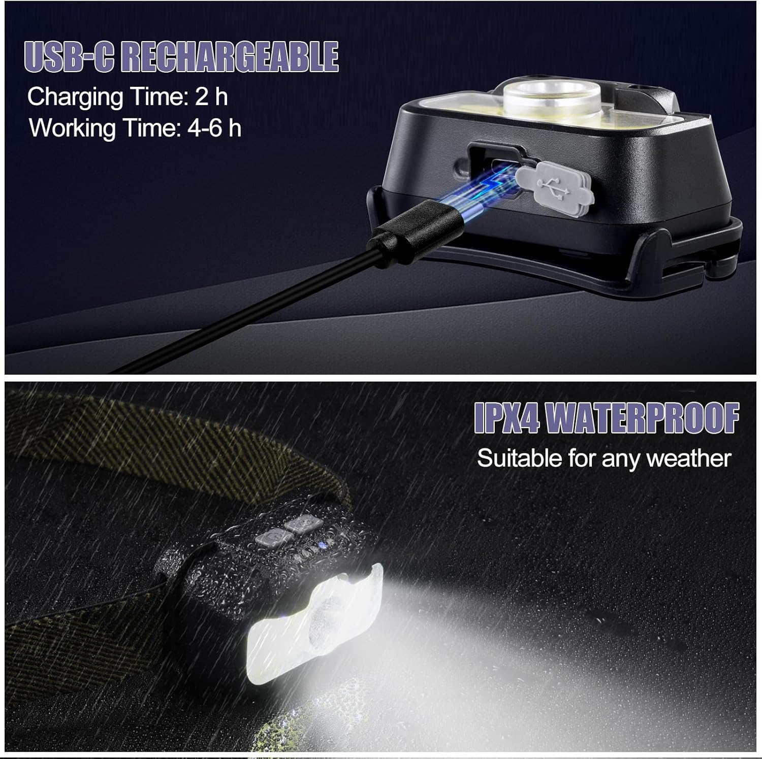Yacig Linterna frontal recargable, 1300 lúmenes LED con luz rojaverdeblanca, 7 modelos con sensor de movimiento impermeable, luz de cabeza ligera