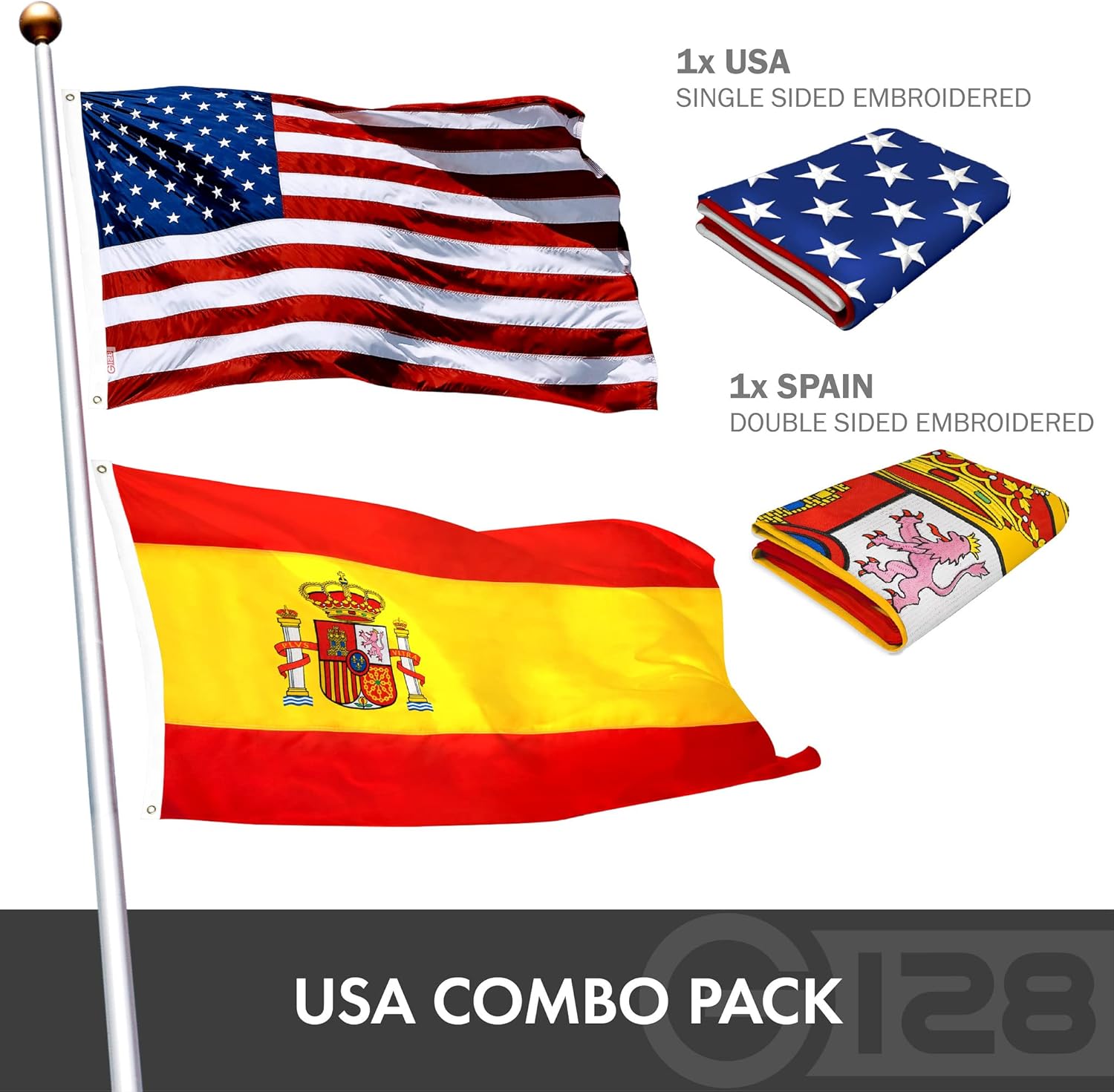 G128 Paquete combinado bandera estadounidense de Estados Unidos de 3 x 5 pies bordada con estrellas y bandera de España (española) de 3 x 5 pies de