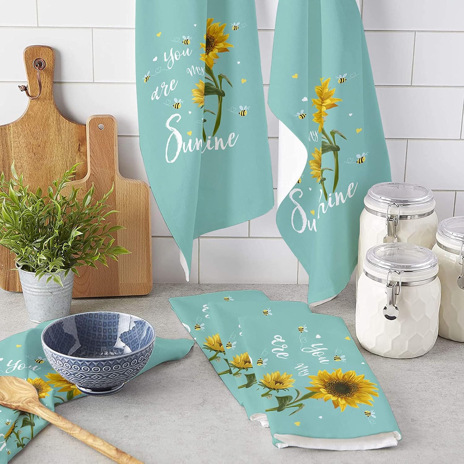 Infinidesign Sunshine You are My – Toallas colgantes de girasol para cocina, color verde azulado, absorbentes, toallas de mano de cocina de secado