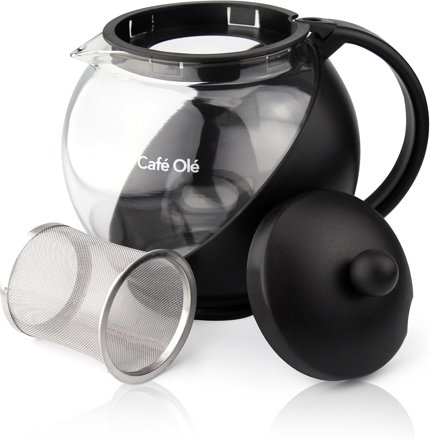 Café Ole Everyday – Tetera redonda con infusor de vidrio, tetera de vidrio, hojas sueltas, color negro, 23.7 fl oz24 oz