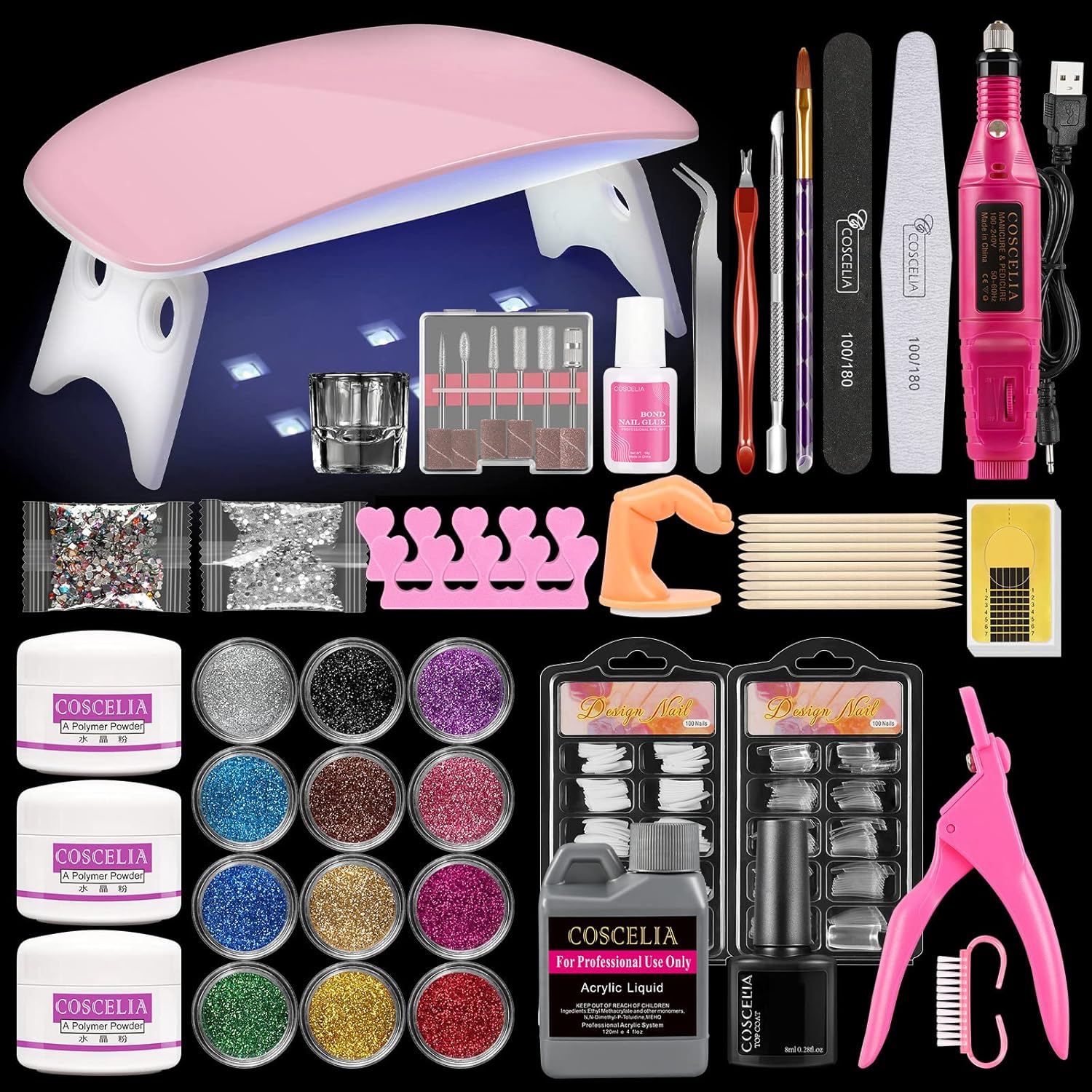Kit de polvo acrílico con juego de esmalte de uñas de gel que cambia de color, polvos acrílicos y monómero líquido con purpurina, kit de arte de