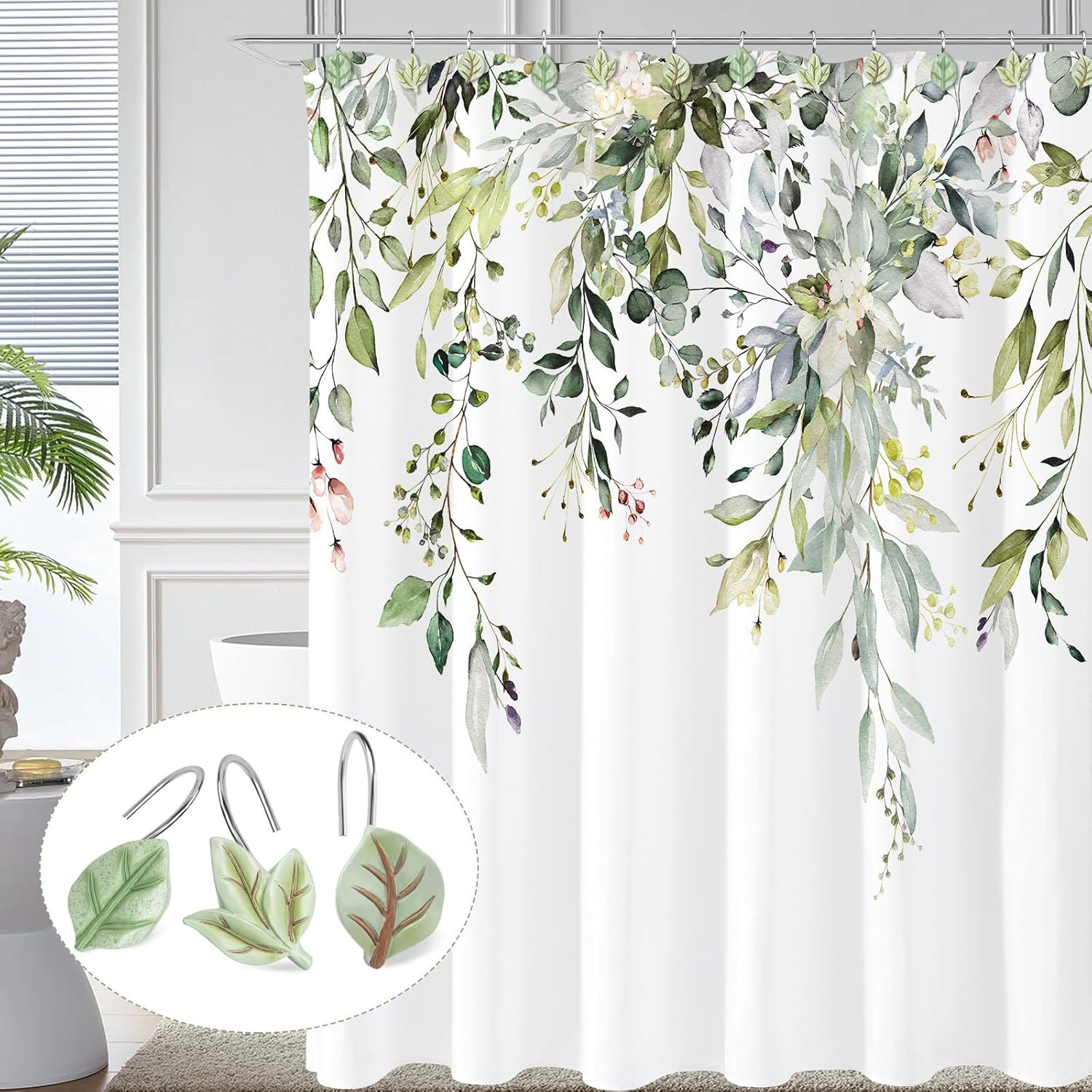 Gibelle Ganchos decorativos para cortina de ducha, 12 piezas de hojas de plantas verdes, ganchos decorativos de metal a prueba de óxido, bonitos