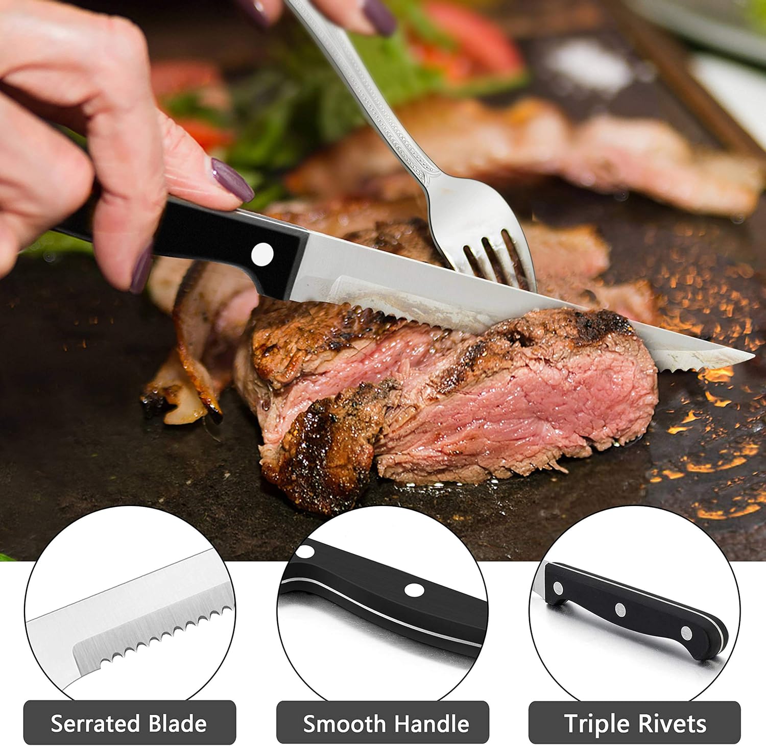 LIANYU Juego de cubiertos de 36 piezas con cuchillos para carne para 6, cubiertos de acero inoxidable para cocina, restaurante, hotel, utensilios de