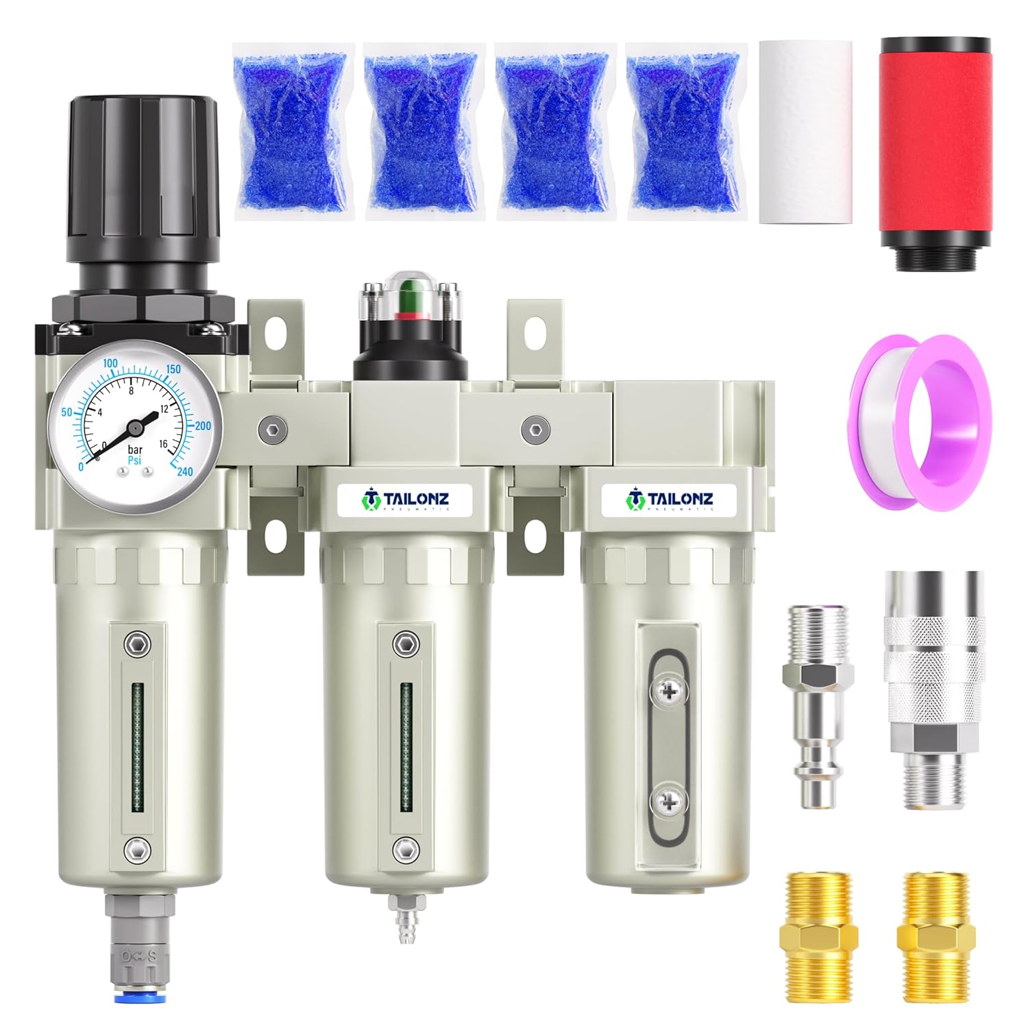TAILONZ PNEUMATIC 0-240PSI Sistema de secado de aire de tres etapas de grado industrial NPT de 34 pulgadas, filtro de partículas, filtro