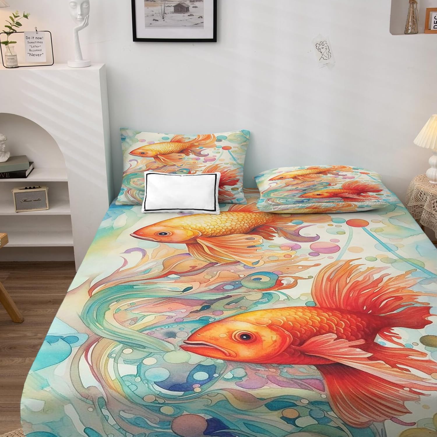 Koi Fish Sábanas tamaño King, sábanas de estilo japonés, sábanas y fundas de almohada estampadas de 4 piezas, sábana bajera ajustable de microfibra