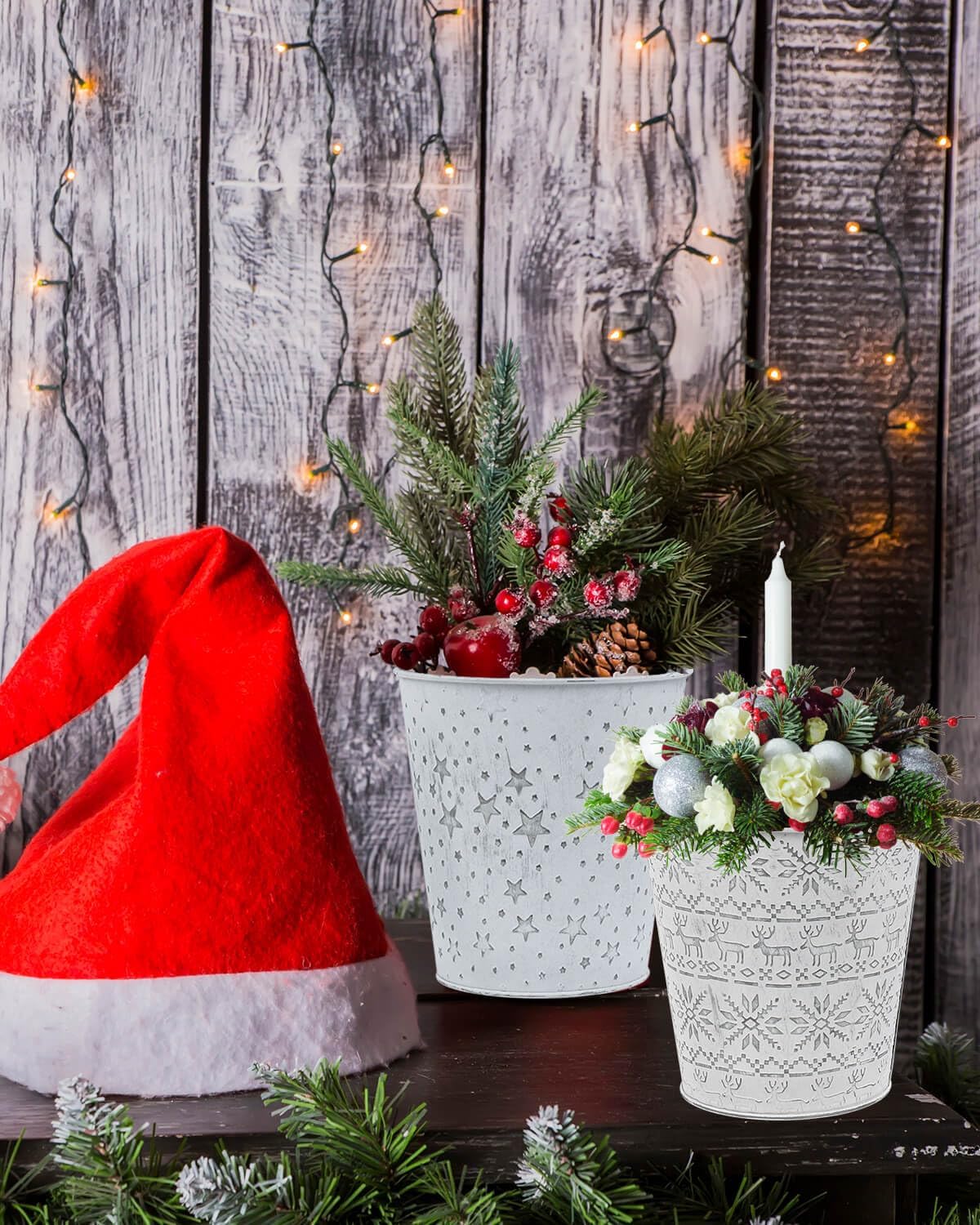 Cubos de metal galvanizado blanco de Navidad, 4 macetas rústicas de hojalata con orificio de drenaje y enchufe, regalo de Navidad, maceta vintage