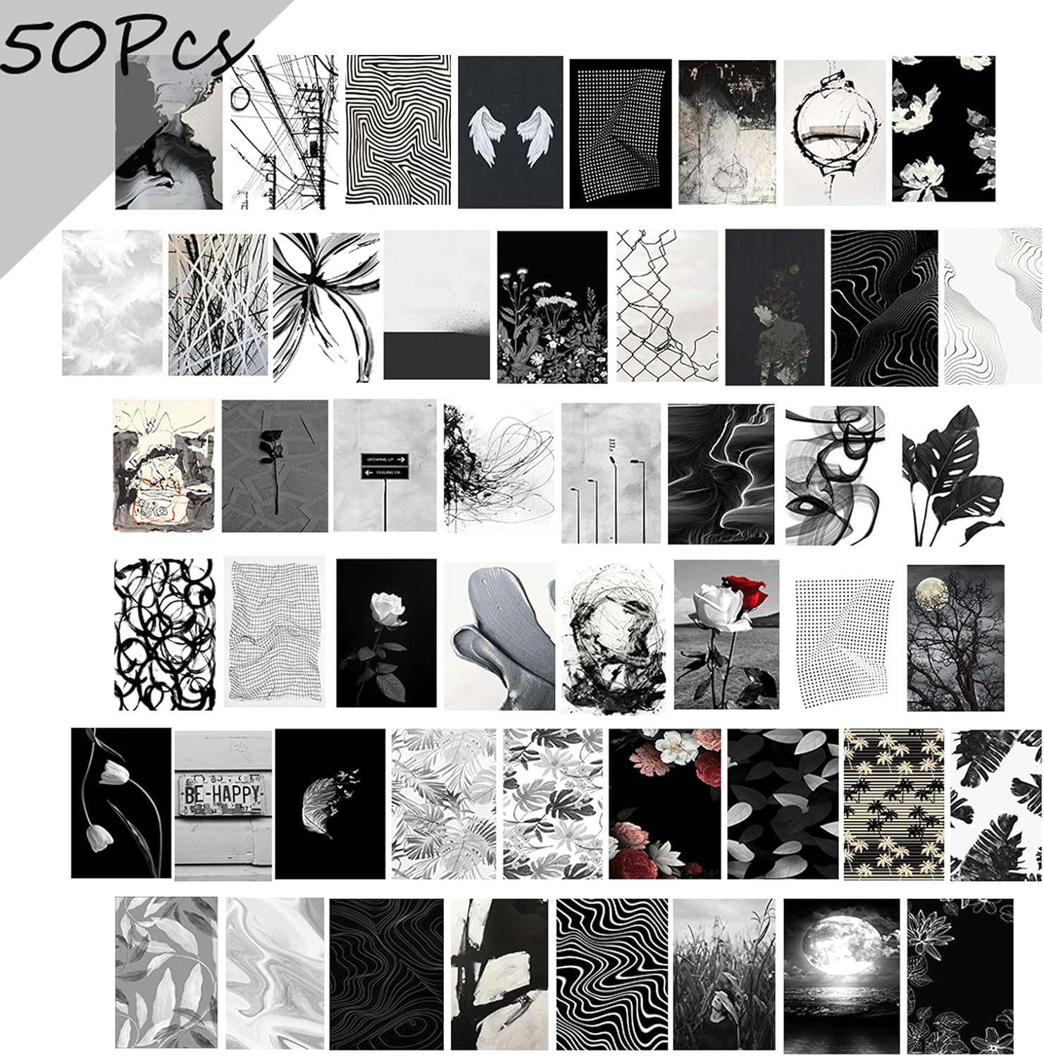 TUGCAY Kit de collage de pared en blanco y negro, 50 piezas de 4 x 6 pulgadas, imágenes en blanco y negro para decoración de pared, decoración
