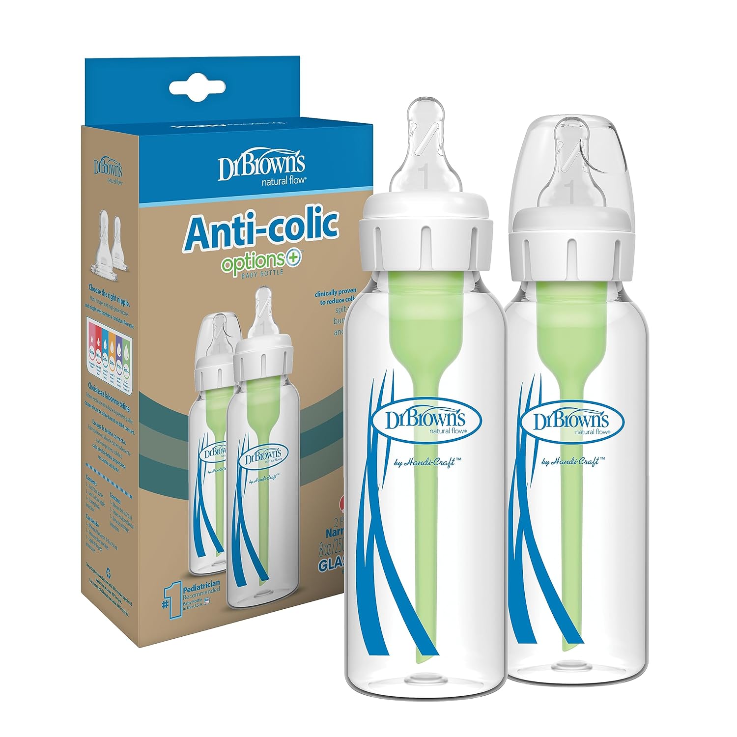 Dr. Brown’s Natural Flow Options+ Biberones de vidrio estrecho, 8 oz & Dr. Brown’s Natural Flow Anti-Colic Options+ Biberones de vidrio de cuello