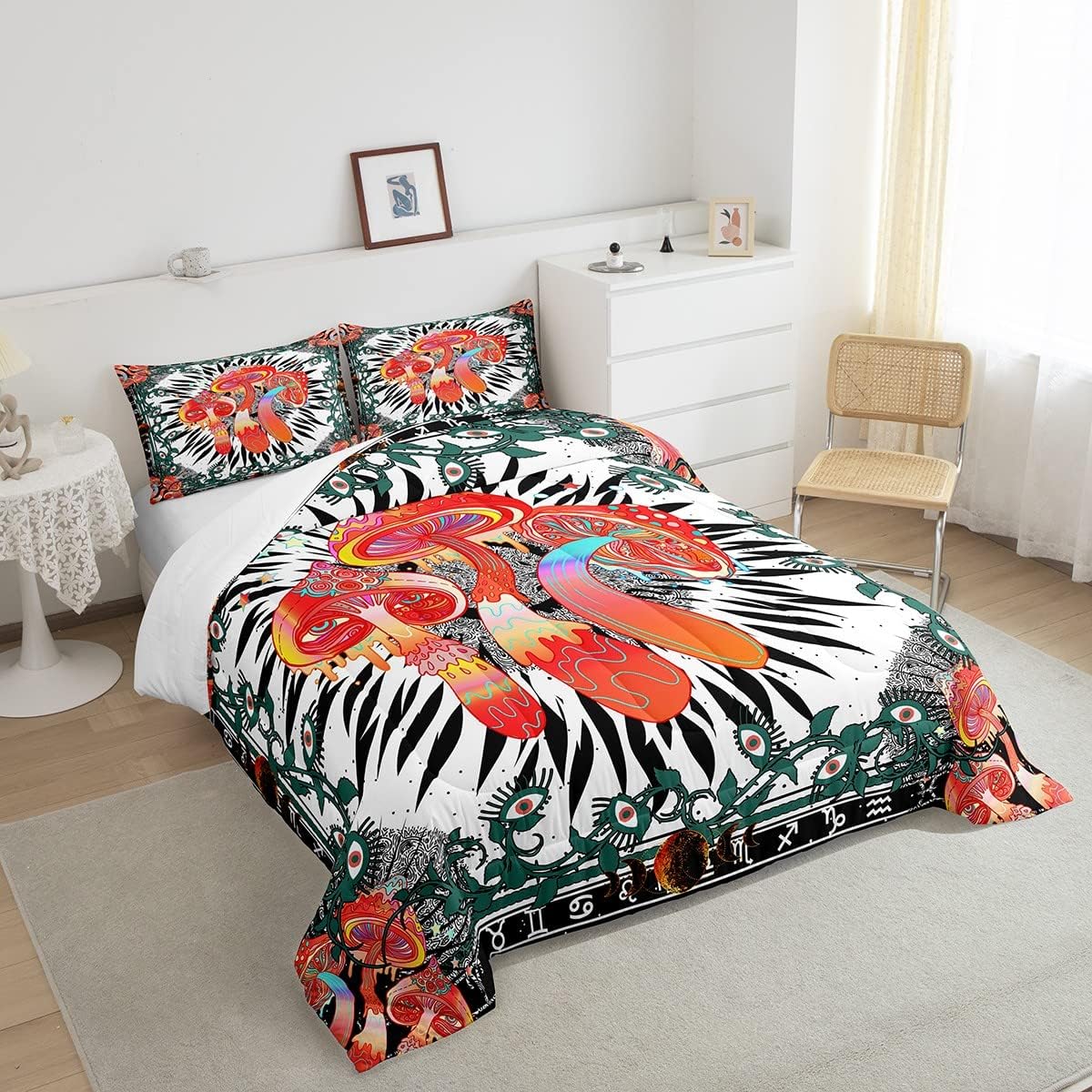 Erosebridal Juego de edredón de hongos rojos, tamaño King, diseño de mandala negro y cachemira, juego de ropa de cama para todos los que ven los
