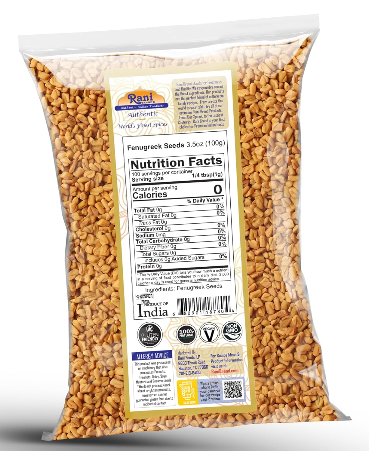 Rani Fenugreek (Methi) Semillas enteras de 3.5 onzas (3.53oz) Trigonella Foenum Graecum  Todo natural  Vegano  Apto para gluten  Sin OMG  Origen