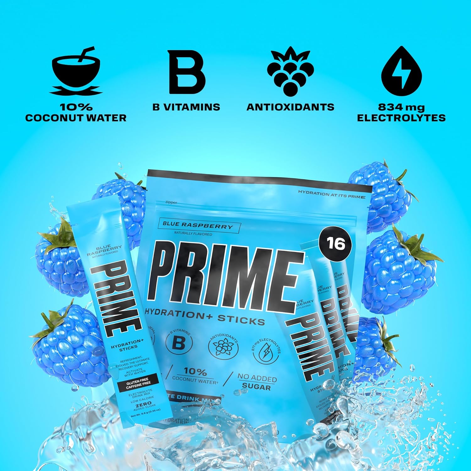 PRIME HYDRATION + Sticks Blue Raspberry  Palitos de hidratación en polvo de una sola porción  Polvo de electrolitos sobre la marcha  250 mg de BCAA,