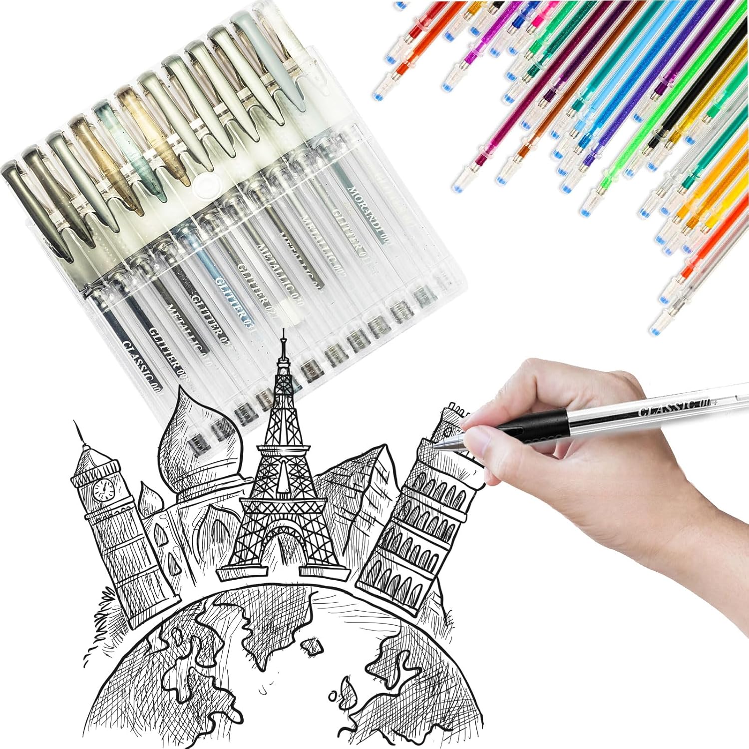 HUJUGAKO Paquete de 24 bolígrafos de gel negro y gris, 12 bolígrafos de gel de colores con 12 repuestos, 40% más de tinta para escribir suavemente