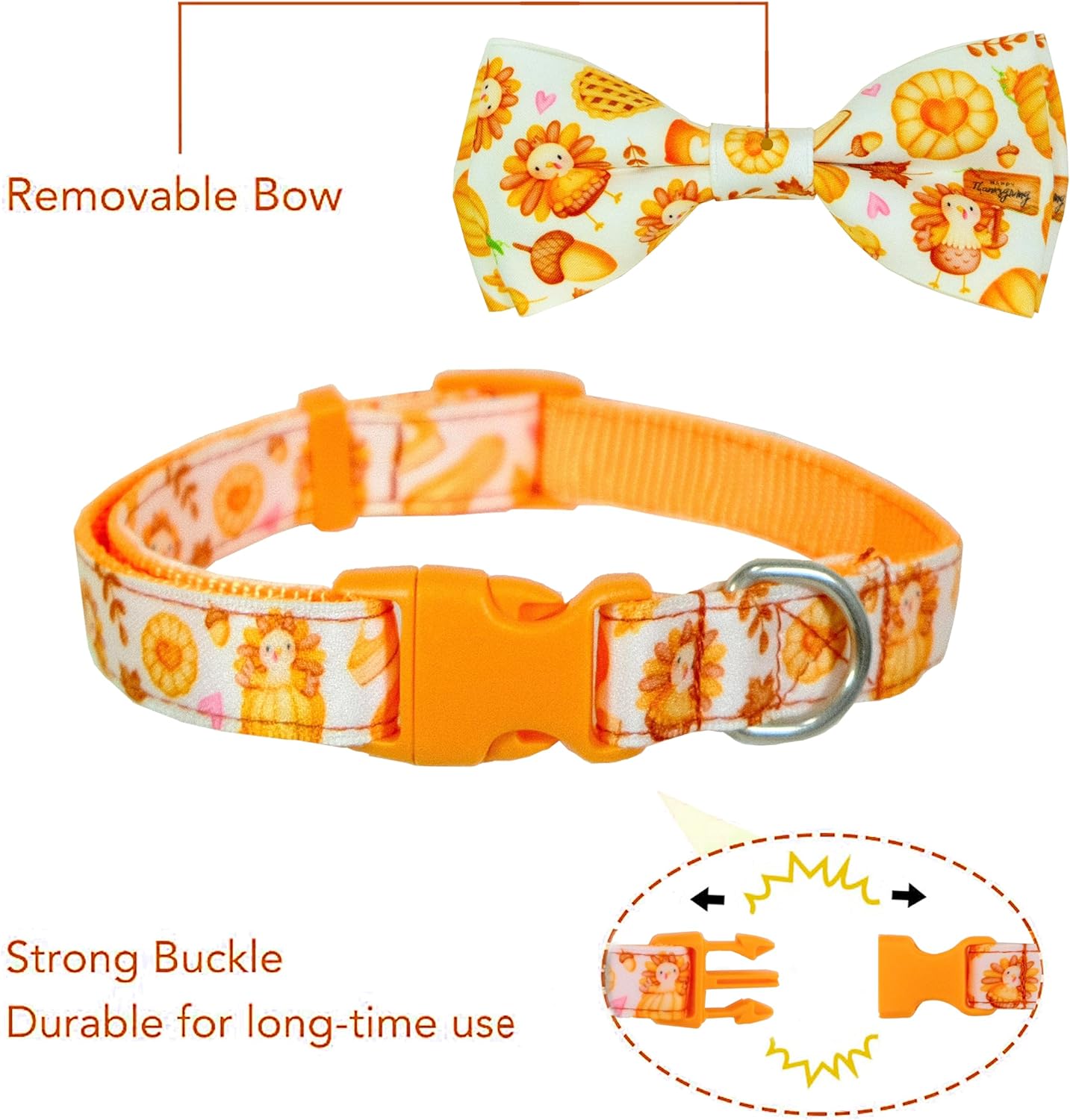 Corbatín de calabaza para perro con collar, pavo de Acción de Gracias y collar de cosecha para niños y niñas, cachorros grandes y medianos (pavo de
