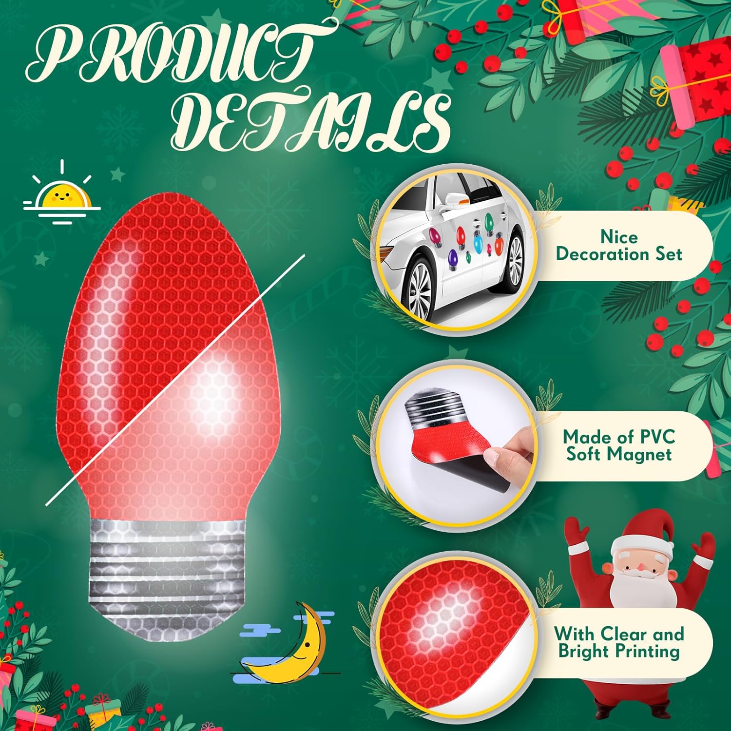60 piezas de decoración reflectante de Navidad para automóvil, imanes para refrigerador, adorno con forma de bombilla para Navidad, vacaciones,