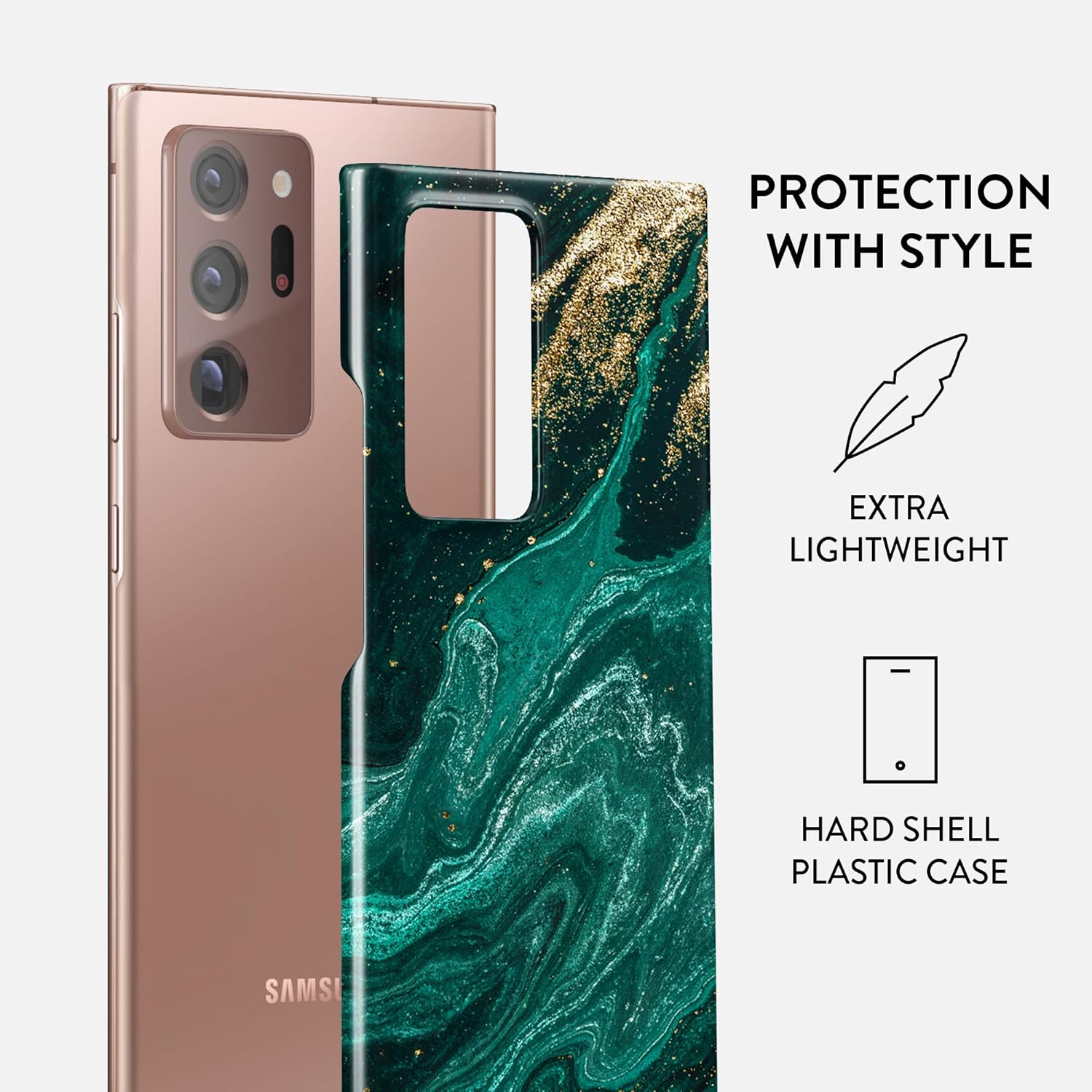 BURGA Funda para teléfono compatible con Samsung Galaxy Note 20 Ultra – Esmeralda verde jade piedra de alta moda de lujo dorado con purpurina de