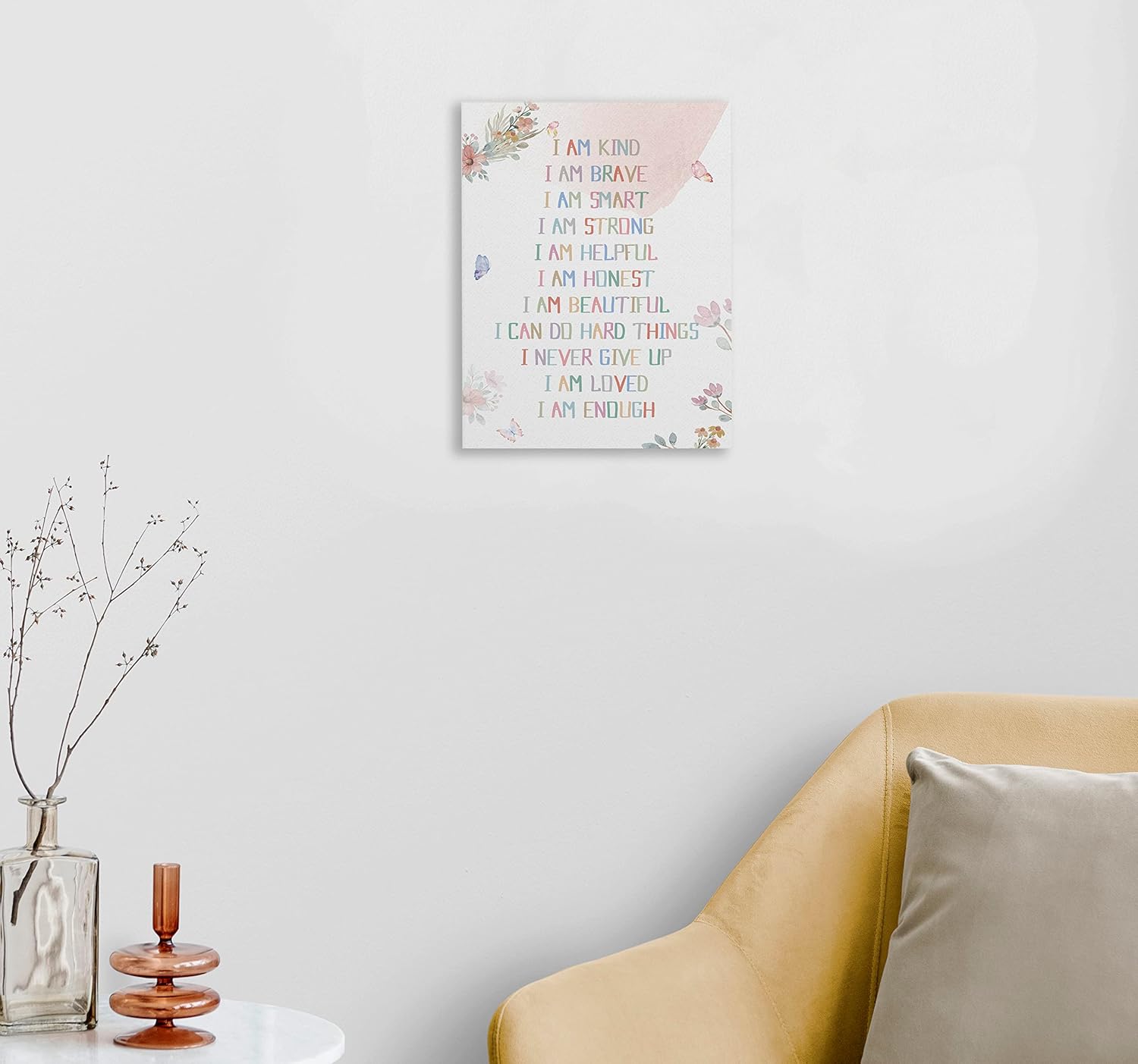 WODMIS Affirmation – Lienzo enmarcado para pared, diseño de acuarela con texto en inglés “I Am Kind Smart Brave” (rosa 1, 11 x 14)