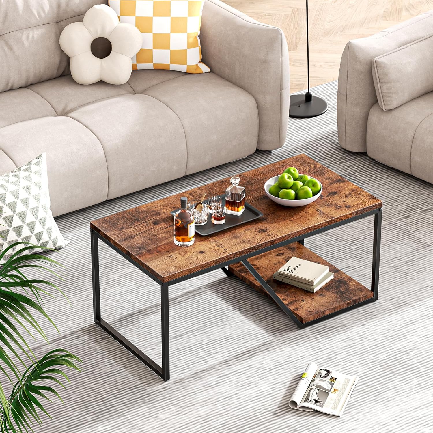 Mesa de centro rústica rectangular industrial de 2 niveles para sala de estar, espacios pequeños, mesa central de sala de estar con estante de