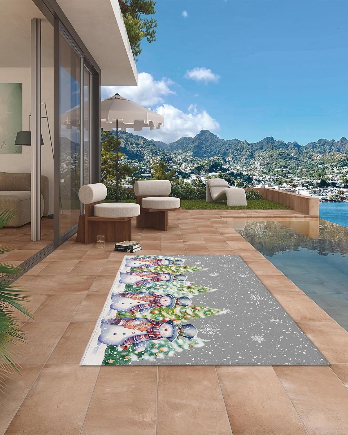 Outdoor Rug Carpet Waterproof 4×6 ft Area Rug, Merry Christmas Snowman Snowflake Large Floor Mat for Patio Balcony Living Room Backyard Picnic Beach