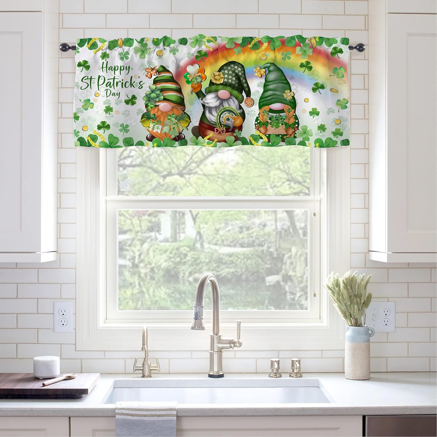 Cenefas de cocina del día de San Patricio para ventanas, decoración del día de San Patricio, cortinas de cenefa de cocina con bolsillo para barra,