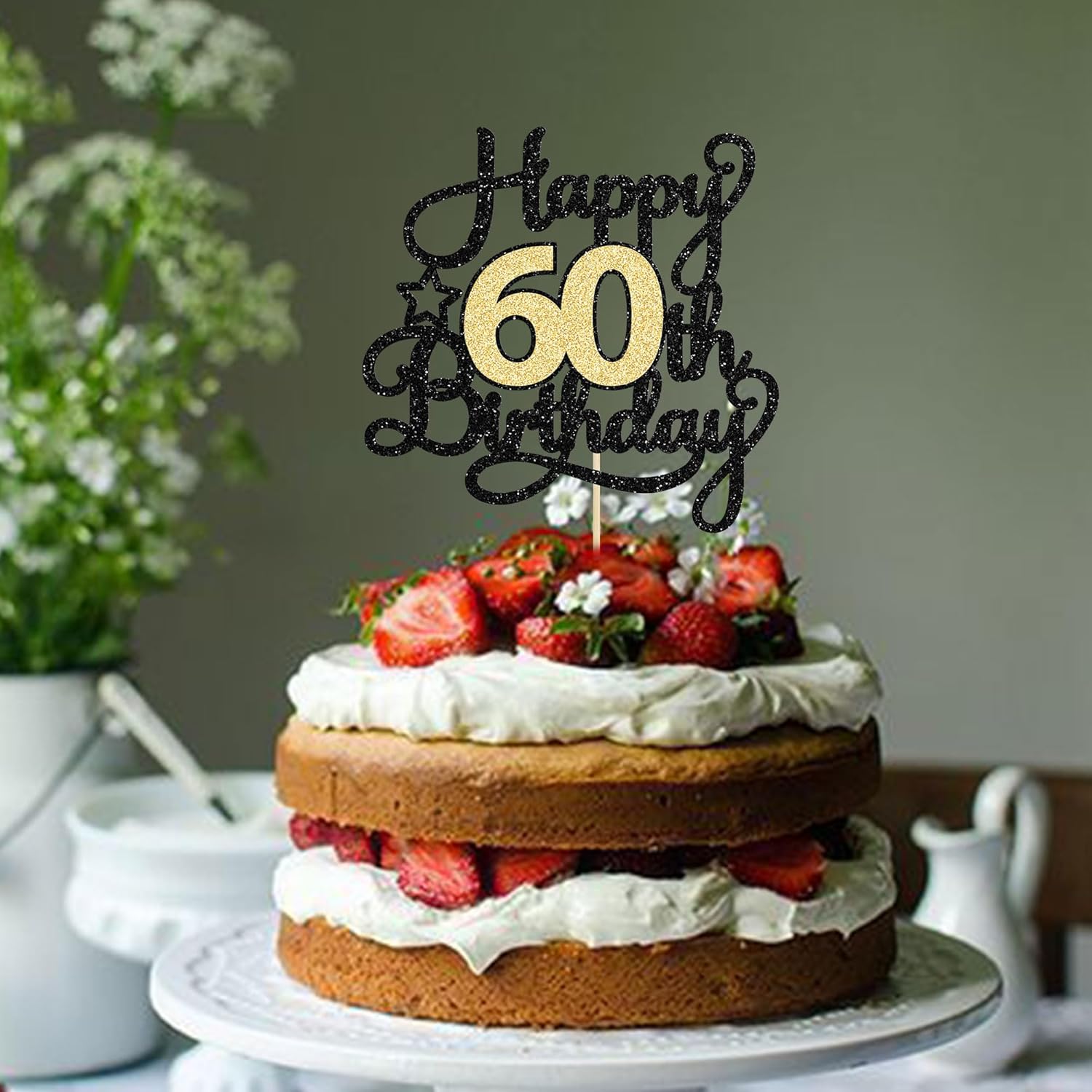 1 pieza de decoración para pastel de cumpleaños 60, color negro y dorado con purpurina para 60 años, selección de pastel de 60 años, decoración