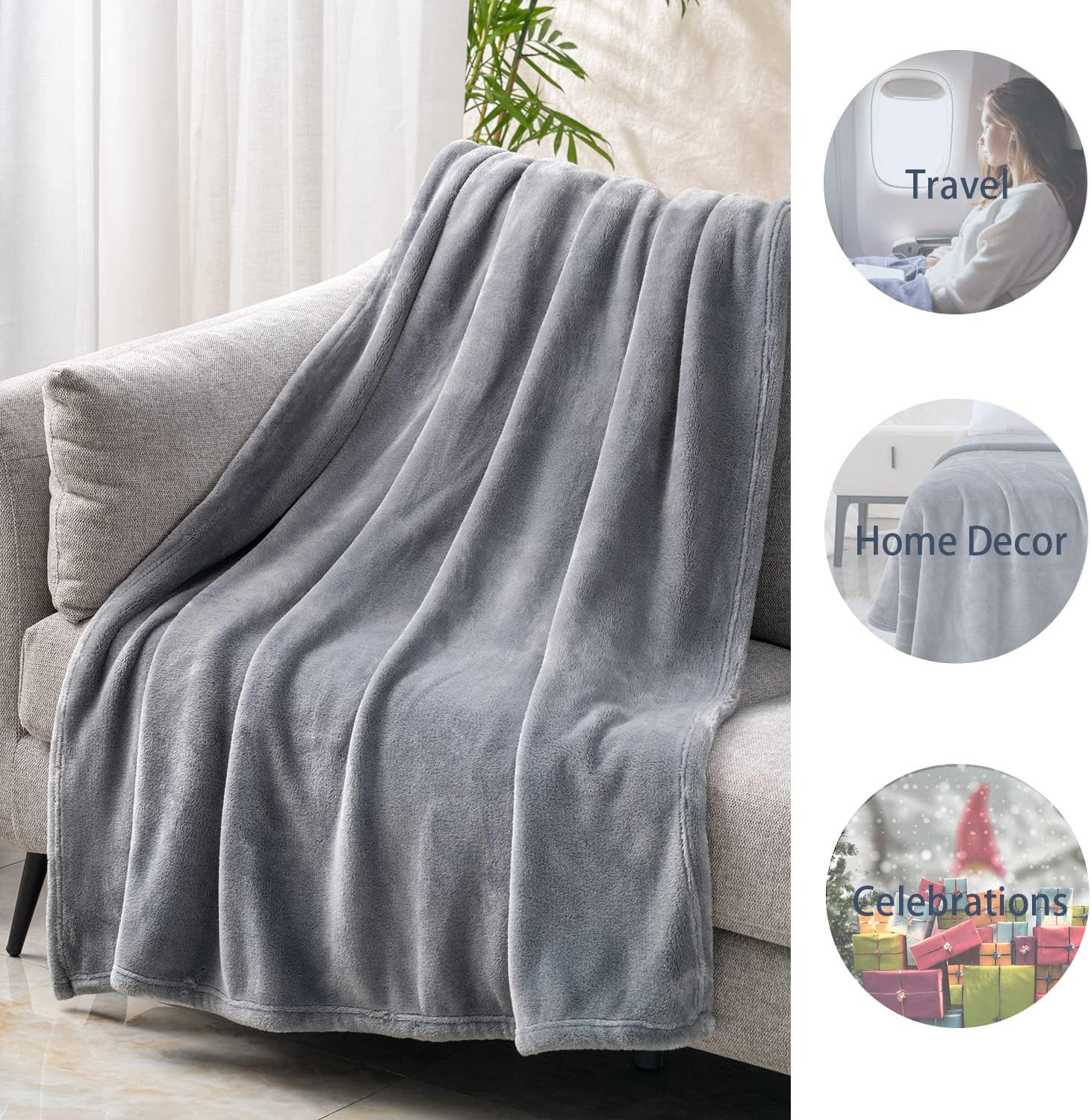 Manta de franela de felpa, acogedora, cálida, cómoda, suave, para otoño, para sofá, silla, cama, campamento y viajes, tamaño de la manta (gris